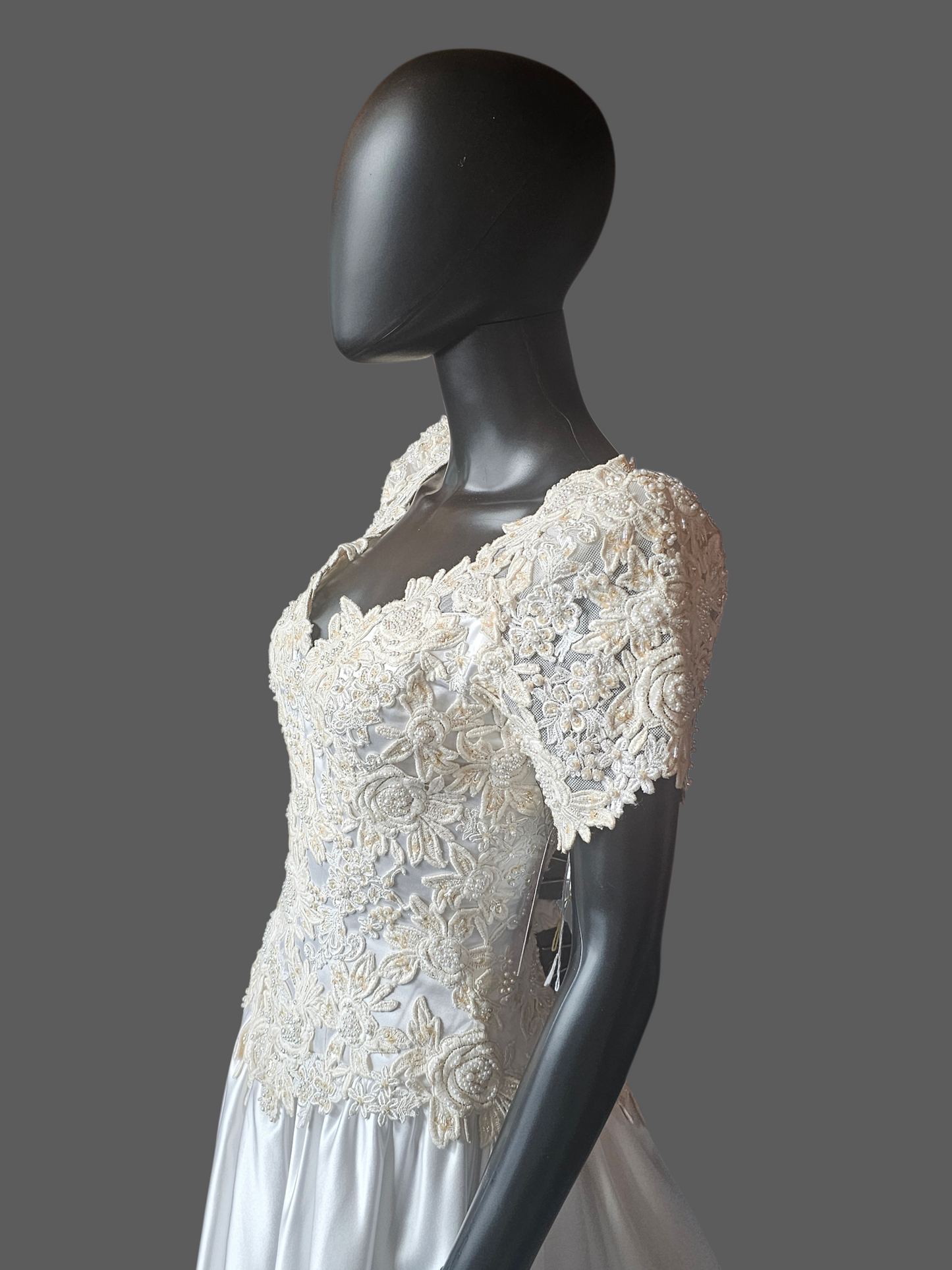Vintage White Embroidered Cap Sleeve N-Neck Wedding Gown - Modest