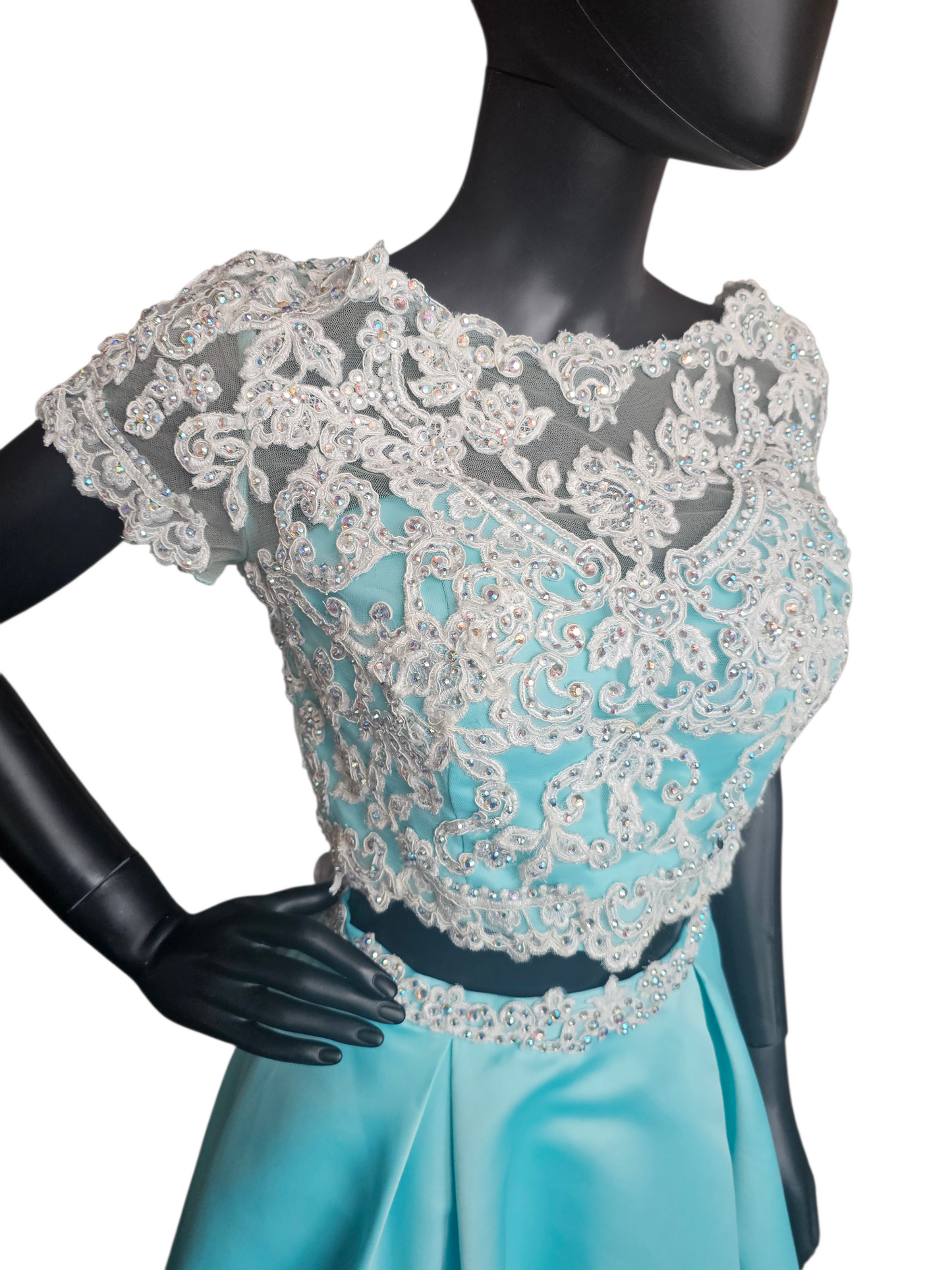 2 Piece Turquoise/White Cap Sleeve Prom/Formal Dress - Mori Lee