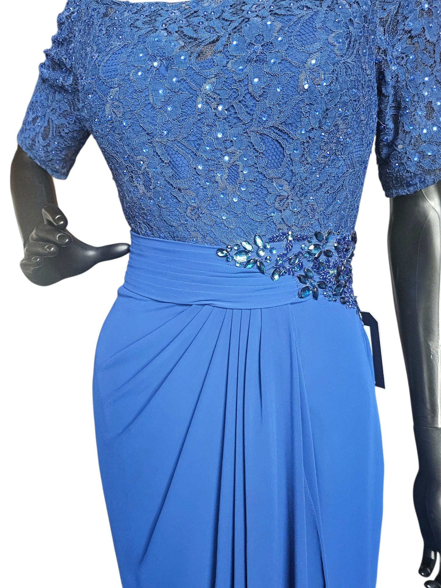 Royal Blue Scoop Neck Lace Gathered Waist - Alyce Paris