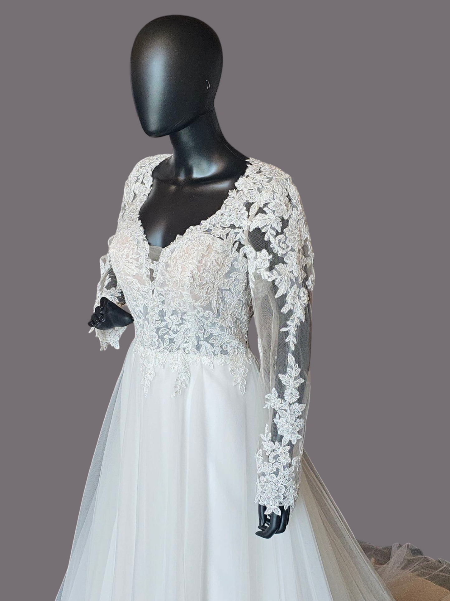 Illusion Bodice Long Sleeve A-Line Wedding Gown  - Evelyn Bridal