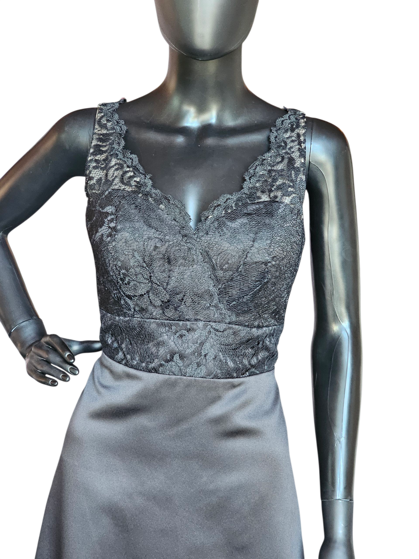 Black Satin/Lace Illusion A-Line Cocktail Dress - Da Vinci