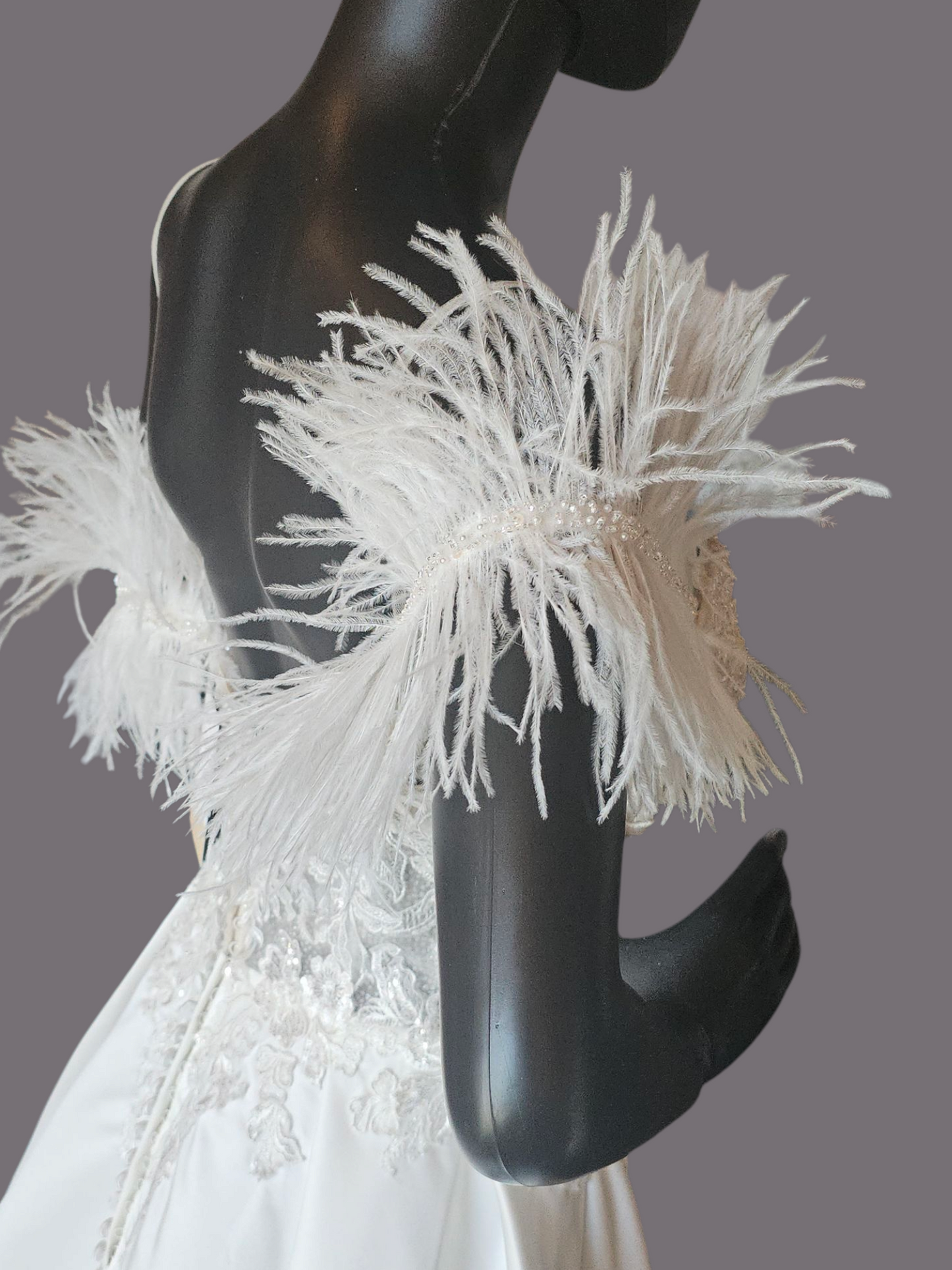 Ivory Satin Plunge Illusion Bodice Removable Feather Straps Wedding Gown - Amy & Eve