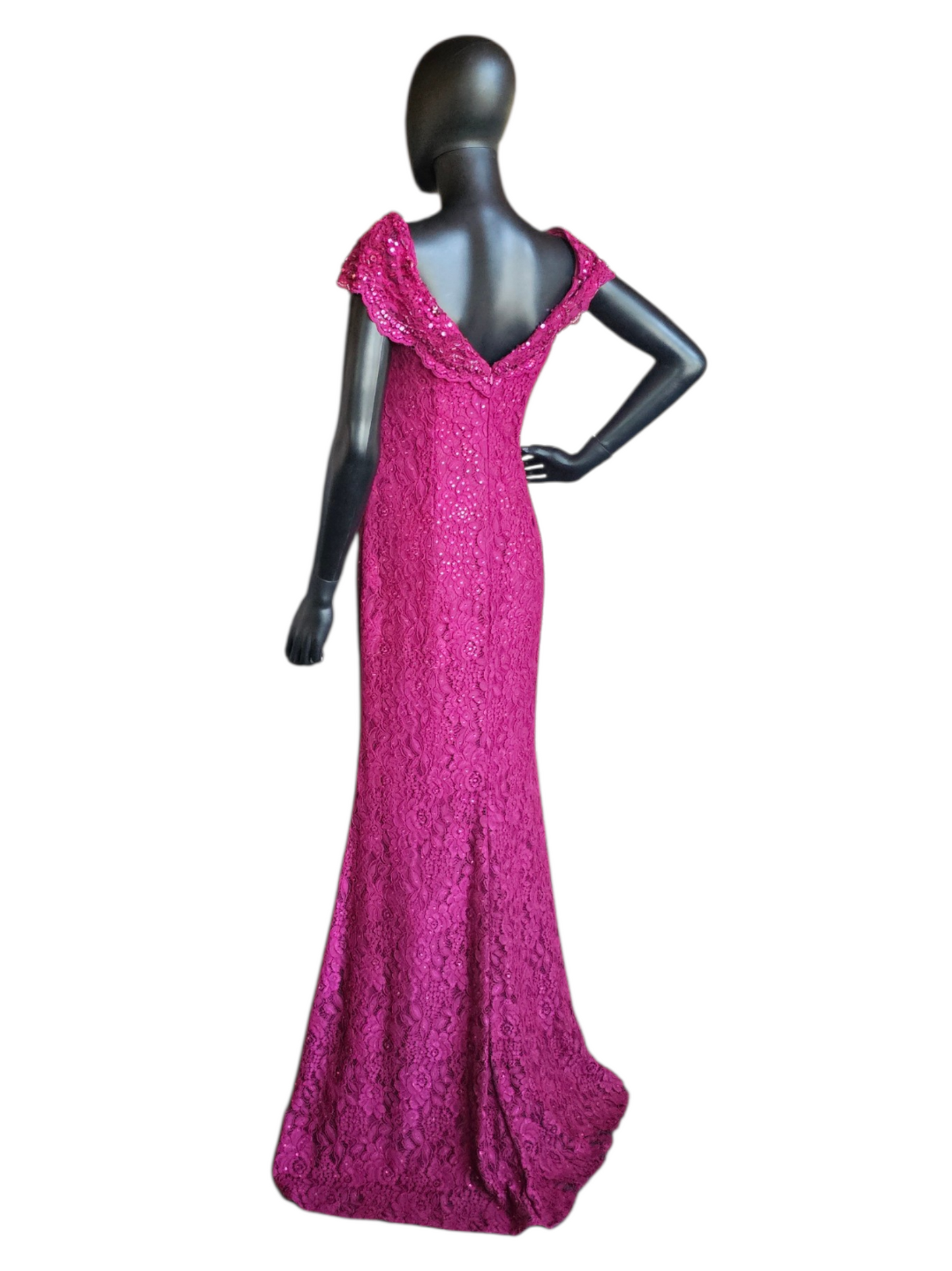 Magenta Rhinestone Lace Cap Sleeve Fit/Flare Portrait Formal/Moms Dress - Jovani