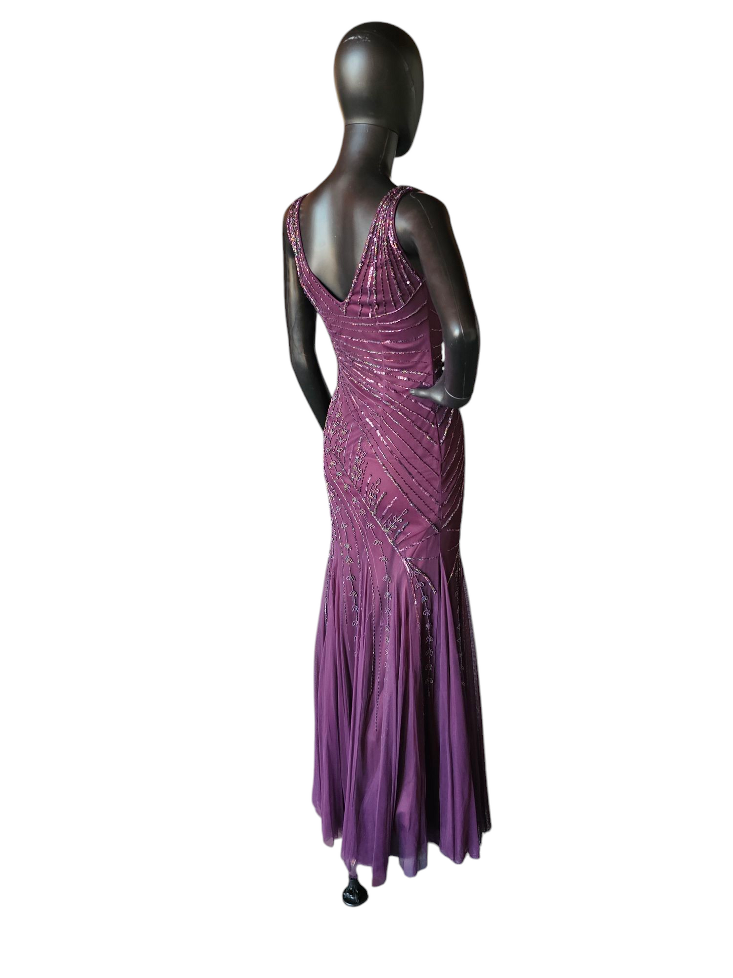 Plum V-neck Beaded Formal Gown - Night Scene