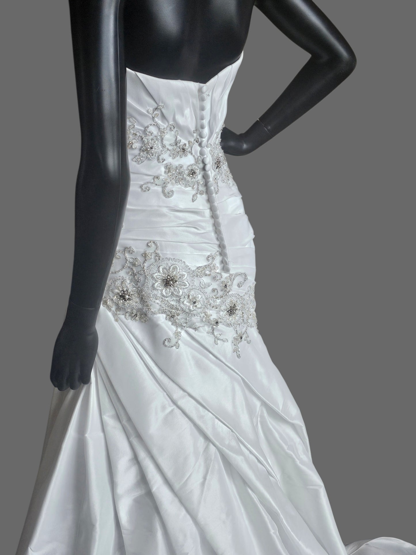 White Taffeta Side Sweep Detailed Applique Strapless Wedding Gown - Casablanca