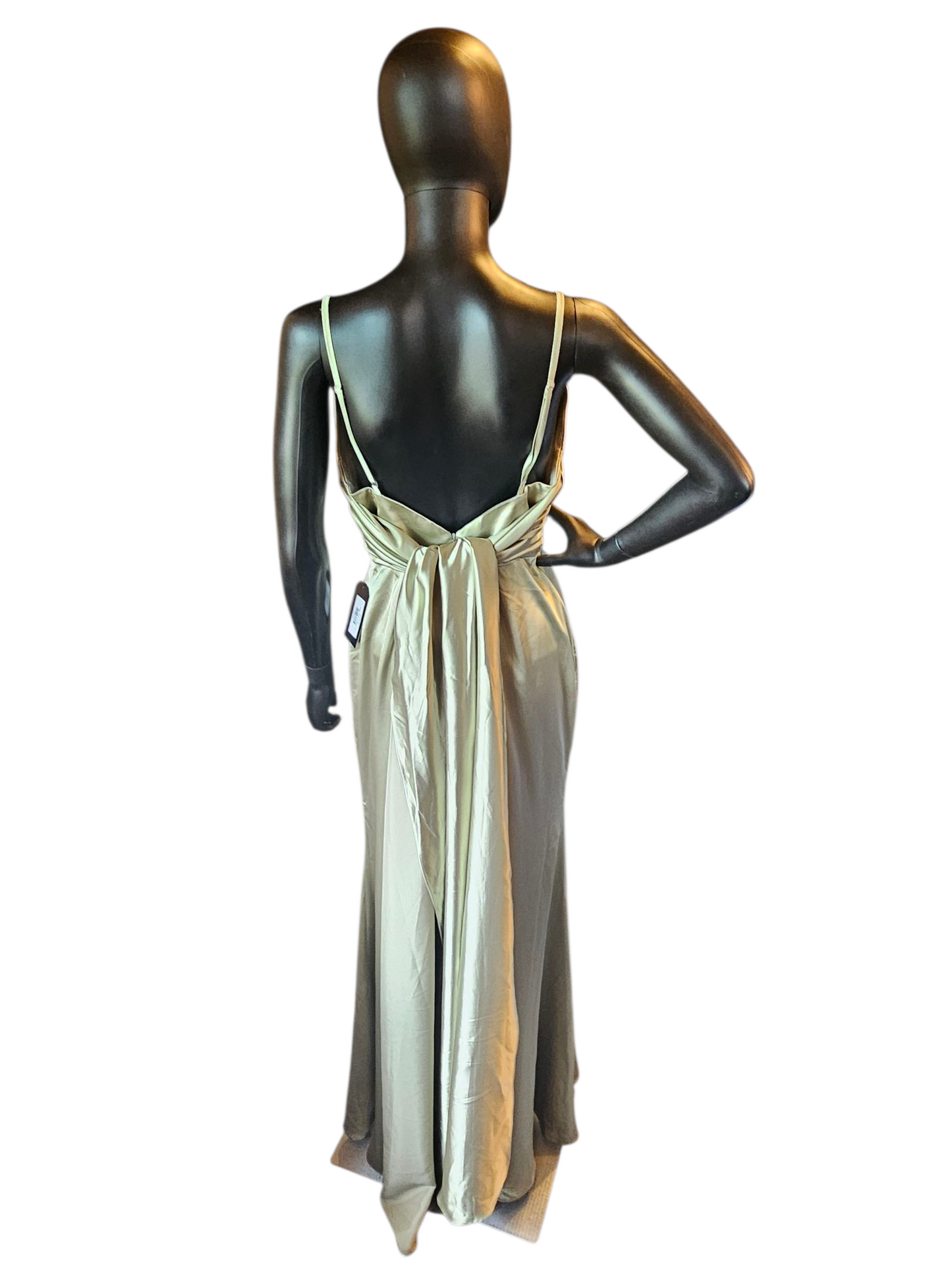 Sage Satin Drape Cowl Spaghetti Strap Formal Dress - NWT Hebeos