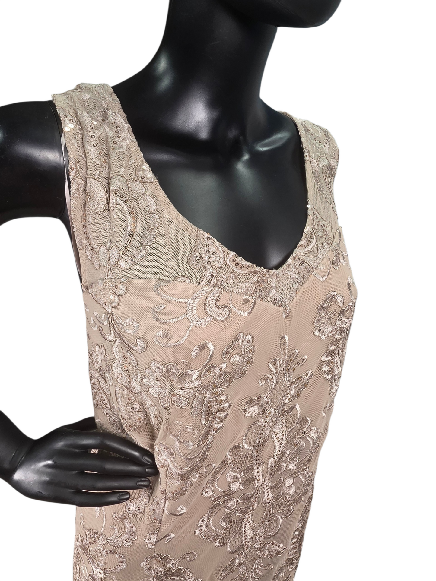 Champagne Knee Length Floral Sequin Design On Lace W/Chiffon Jacket Formal/Moms/Religious Occasion - R&M Richards