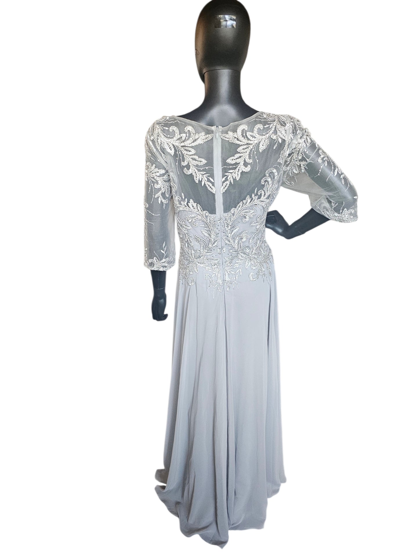Silver Lace 3/4 Sleeve A-Line Formal Gown - MGNY