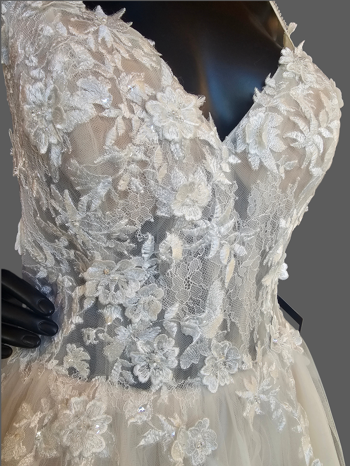Ivory/Champagne 3D Floral Full Skirt Boho Lace Illusion Bodice Wedding Gown - Beloved