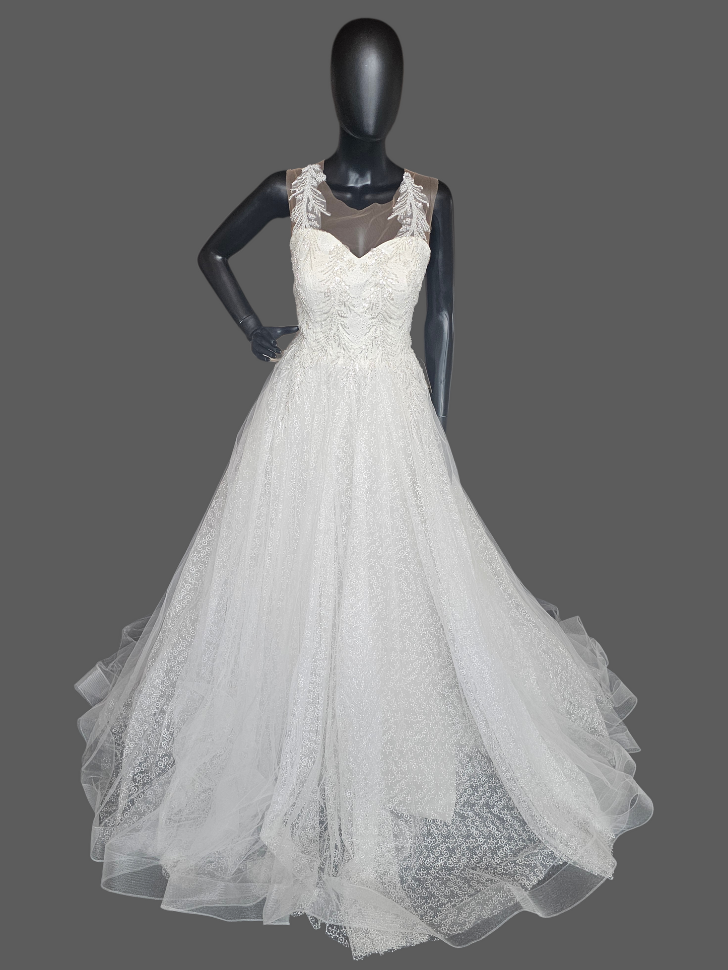 Ivory Illusion Sweetheart Sparkle Lace Underlay A-Line Wedding Gown - Di La Sena
