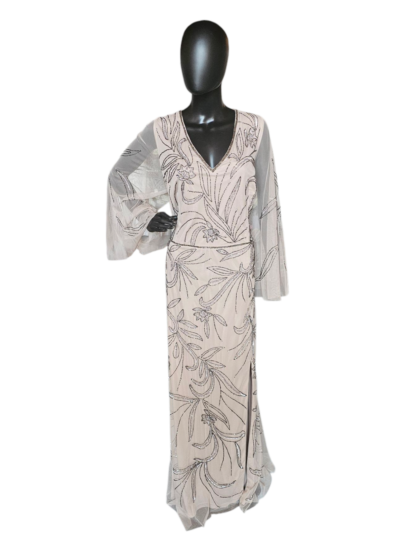 Taupe Beaded Mesh Bell Sleeve Formal Gown - Adrianna Papell