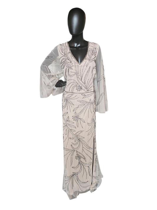 Taupe Beaded Mesh Bell Sleeve Formal Gown - Adrianna Papell