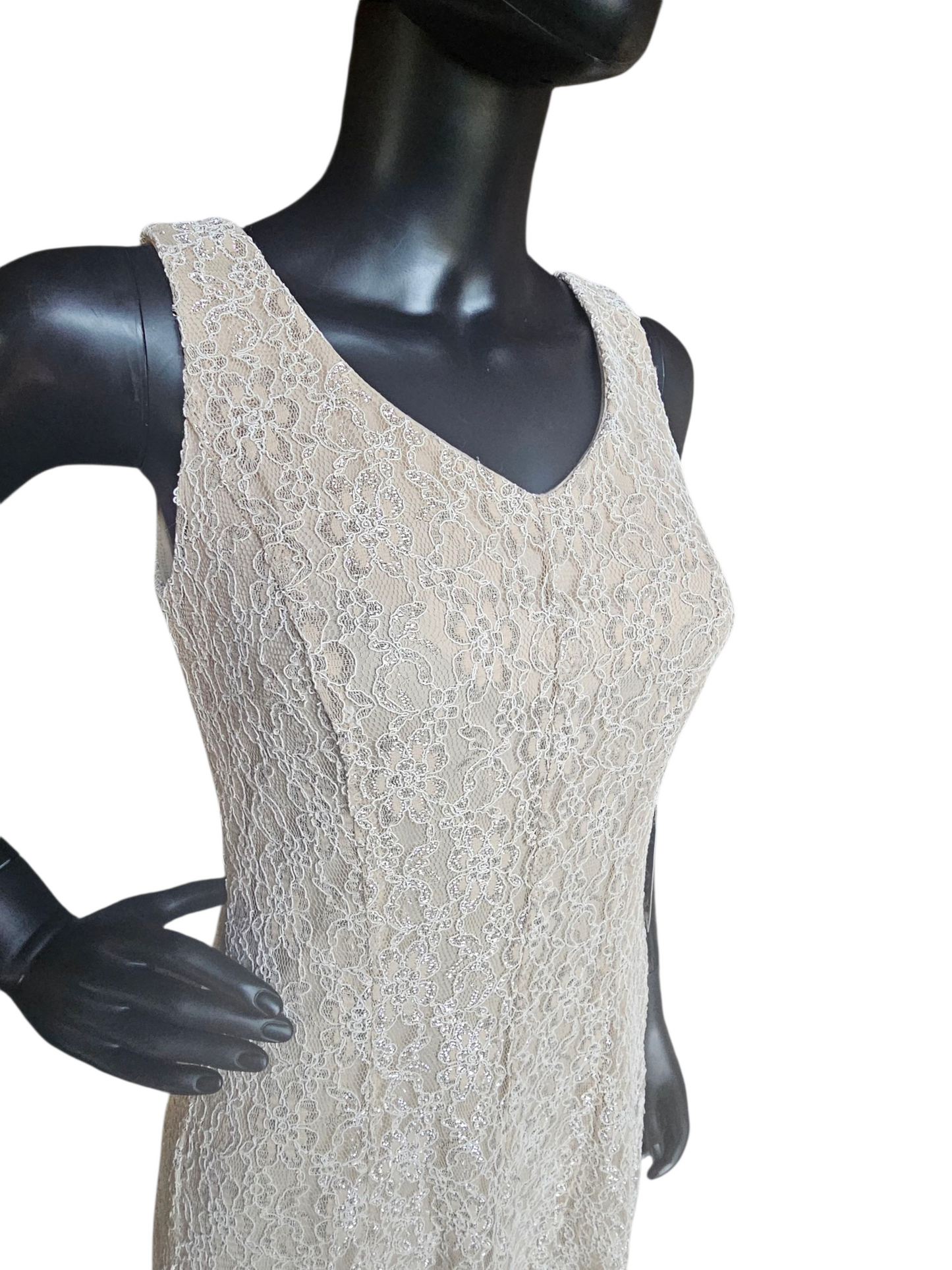 Champagne/Silver V-Neck Lace Mid-Length Cocktail Dress - J. Taylor