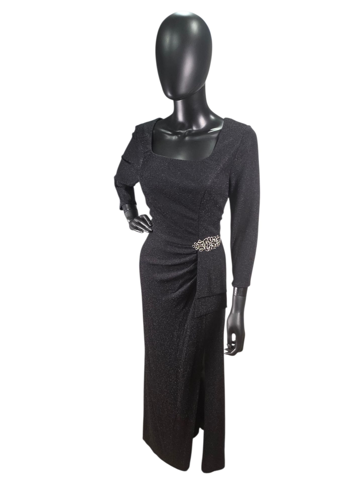 Black Shimmer Taffeta Side Ruched With Gold Accented Applica Boat Neck Formal/Moms Dress - Alex Evenings