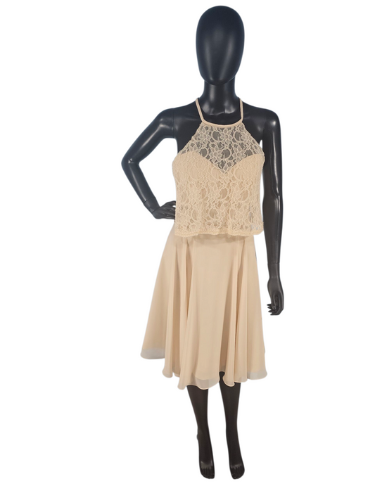 Champagne Lace/Chiffon Halter Flutter Cocktail/Party Dress - Mori Lee