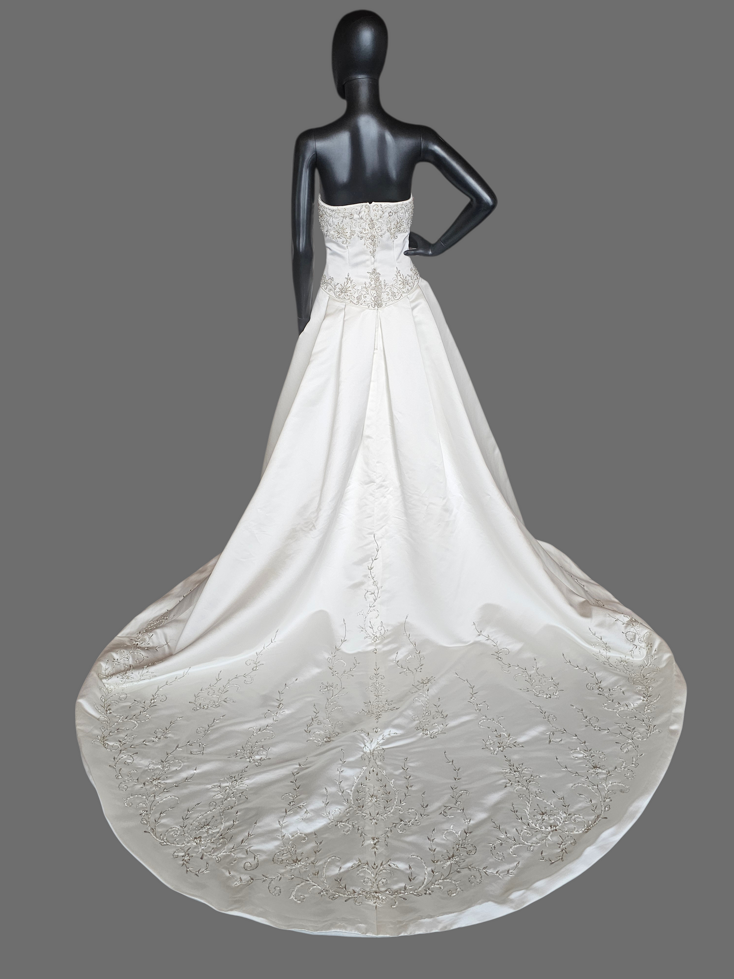 Ivory Satin Strapless Basque Waist Embroidered Wedding Gown  - Signature