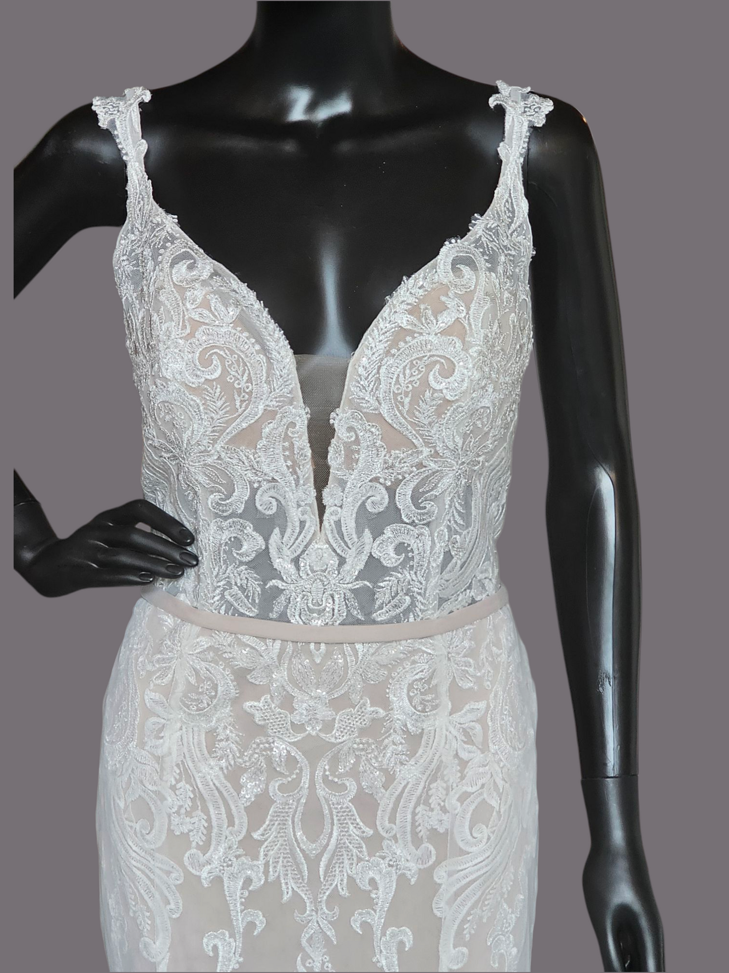 Ivory/Cappuccino Lace Applique Fit and Flare - Mori Lee