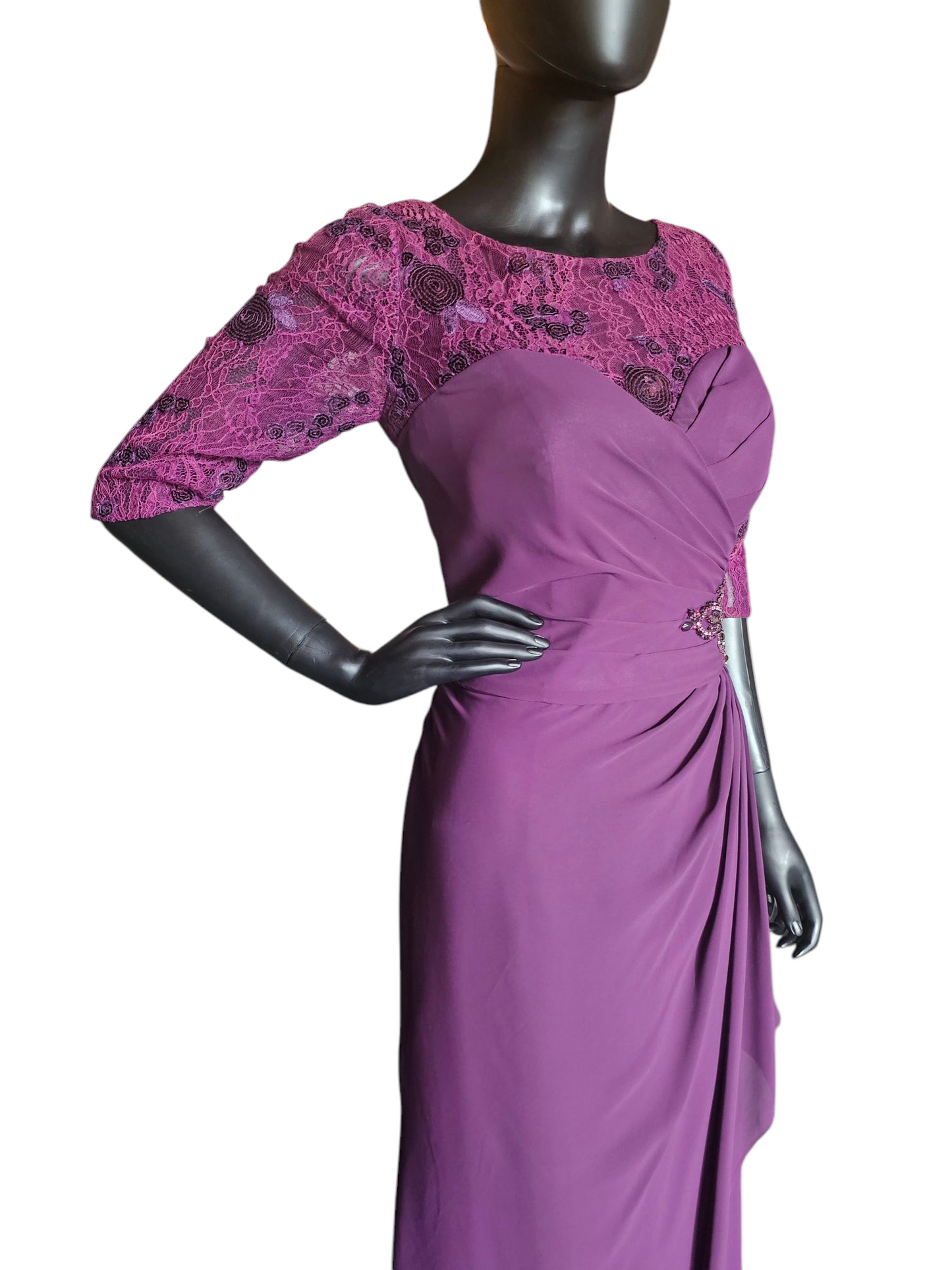 Plum Lace Sleeve Illusion Side Ruched Formal Gown - MGNY