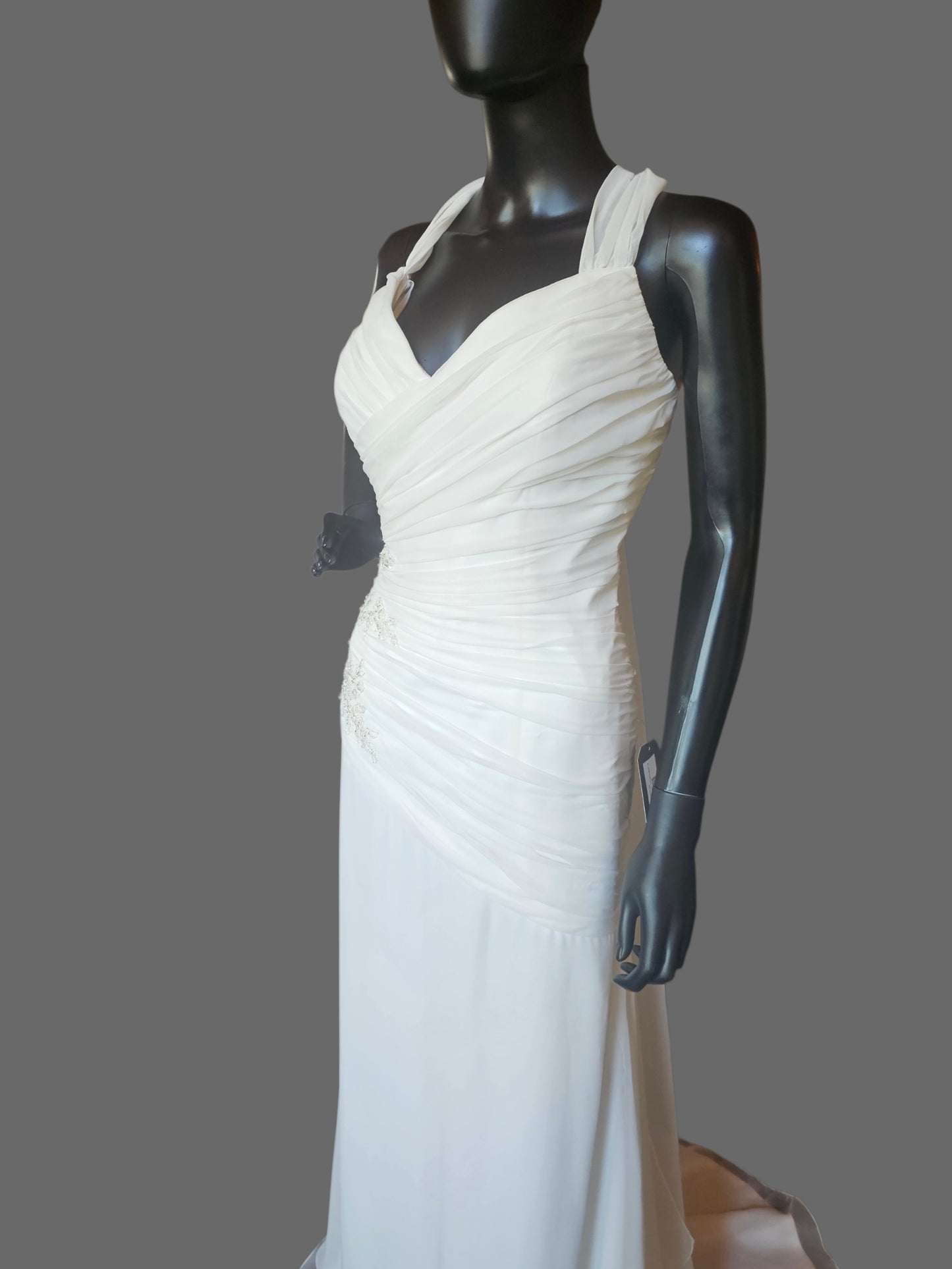 Chiffon Halter Asymmetrical Fit/Flare Beaded Applique - Private Label