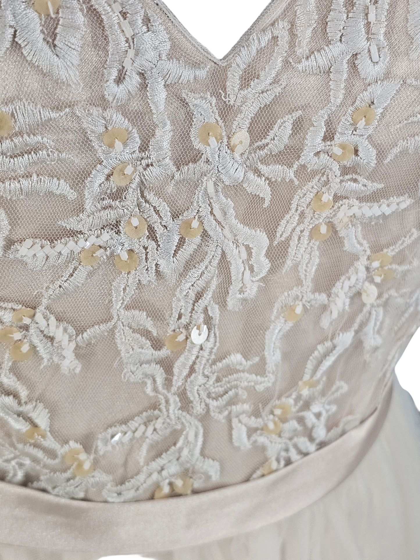 Champagne V-Neck Embroidered Formal Dress - Mori Lee