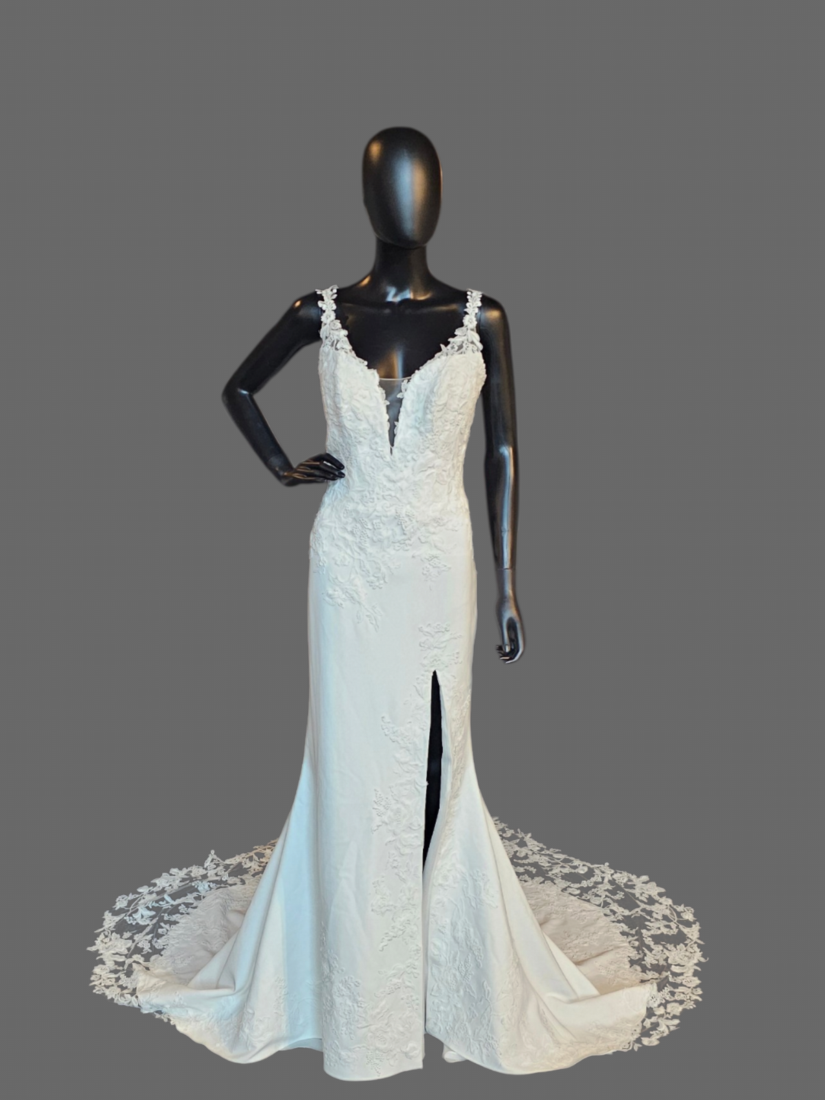 White Lace Fit/Flare Slit V-Plunge Wedding Gown - Beloved
