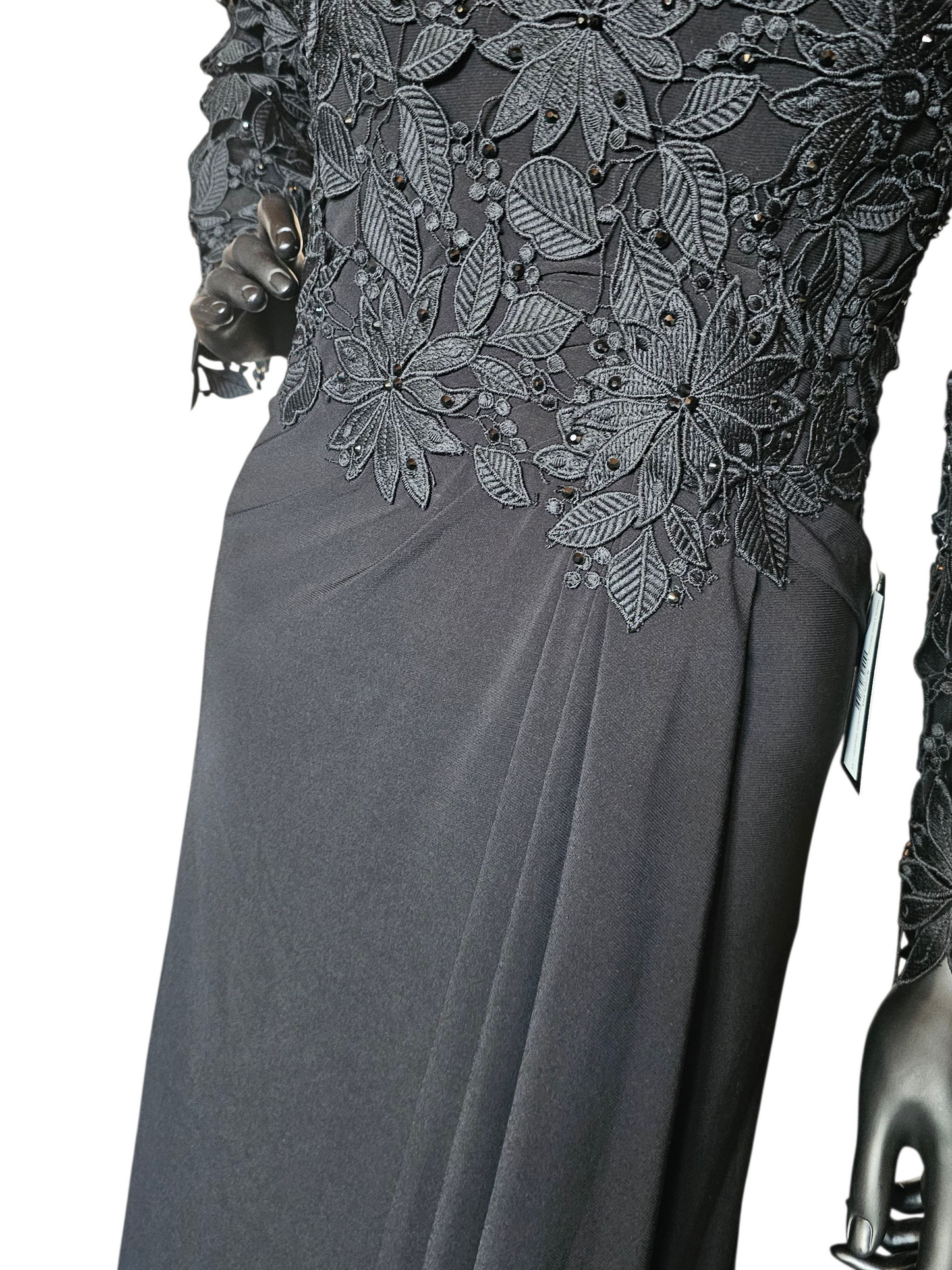 Black Open Weave Lace Long Sleeve V-Neck Formal Dress - Madeline Gardner