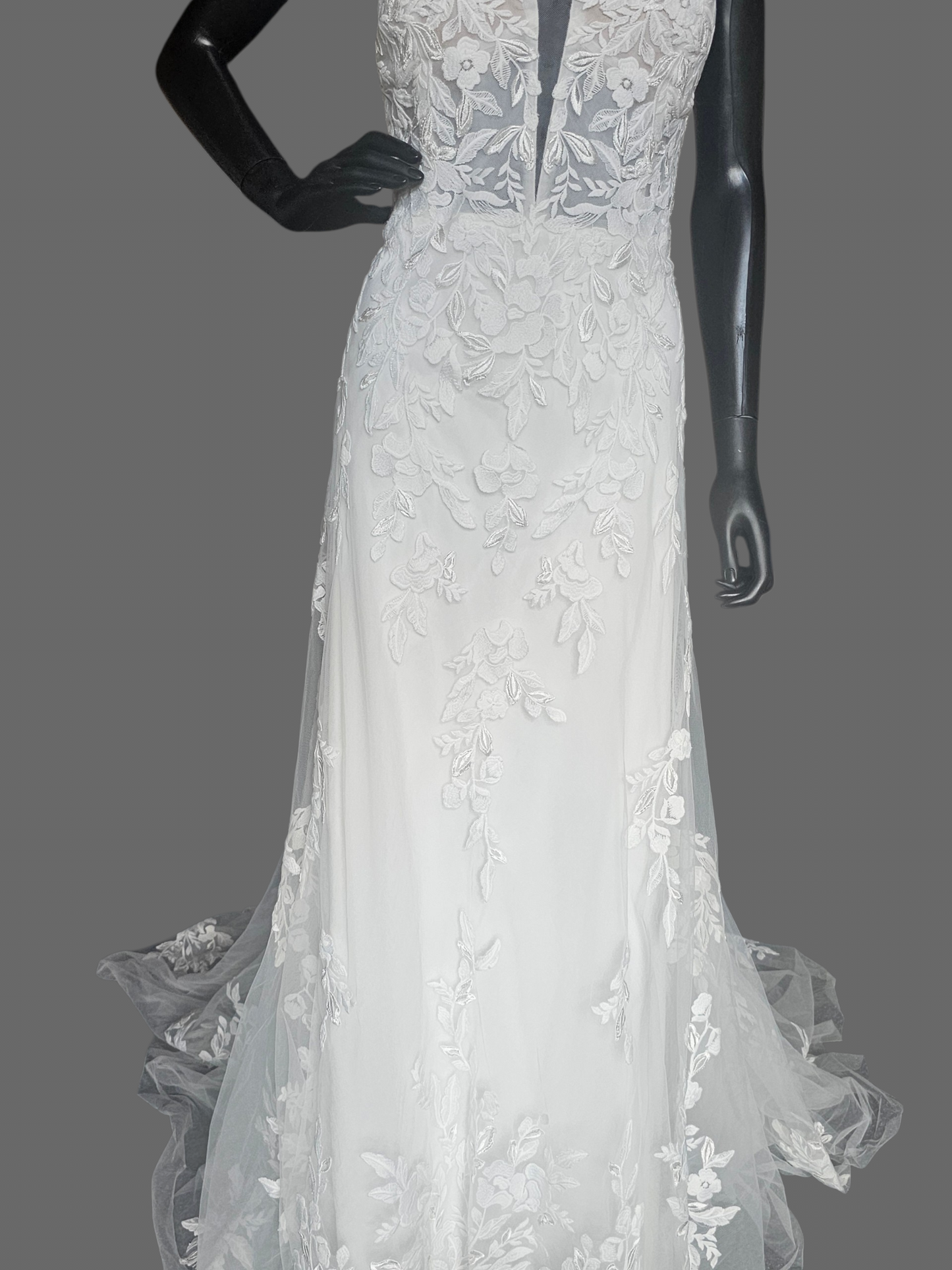 White Floral Lace Fit/Flare Corset Scoop Neck Plunge Detailed Train Wedding Gown - Rebecca Ingram