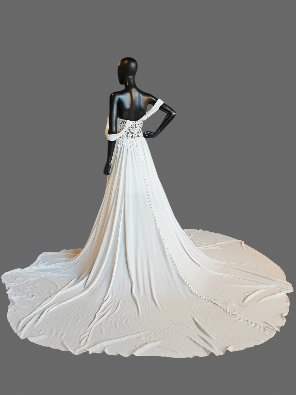 White Lace Drape Shoulder Butter Chiffon Wedding Gown - Dreams