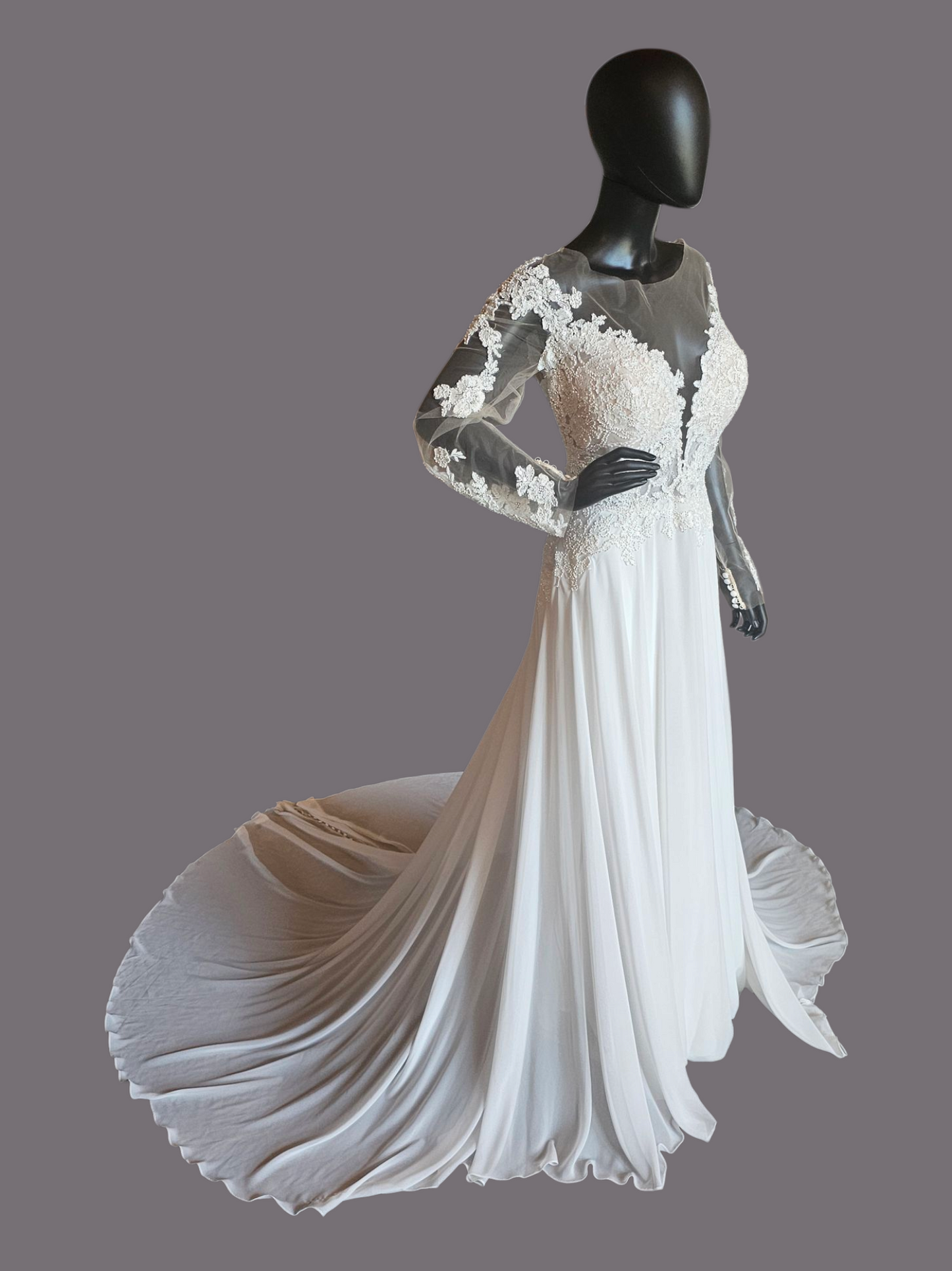 Ivory/Nude Deep Plunge Long Sleeve Chiffon Wedding Gown - Allure Romance