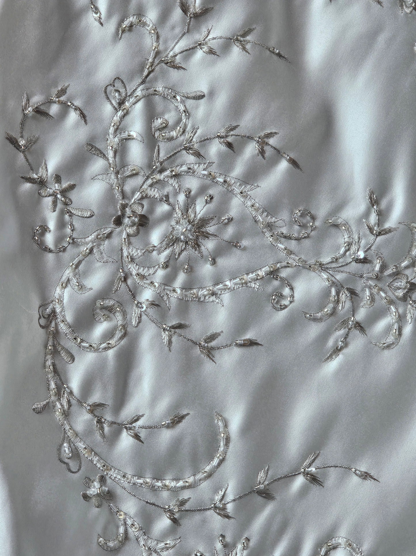 Ivory Satin Strapless Basque Waist Embroidered Wedding Gown  - Signature