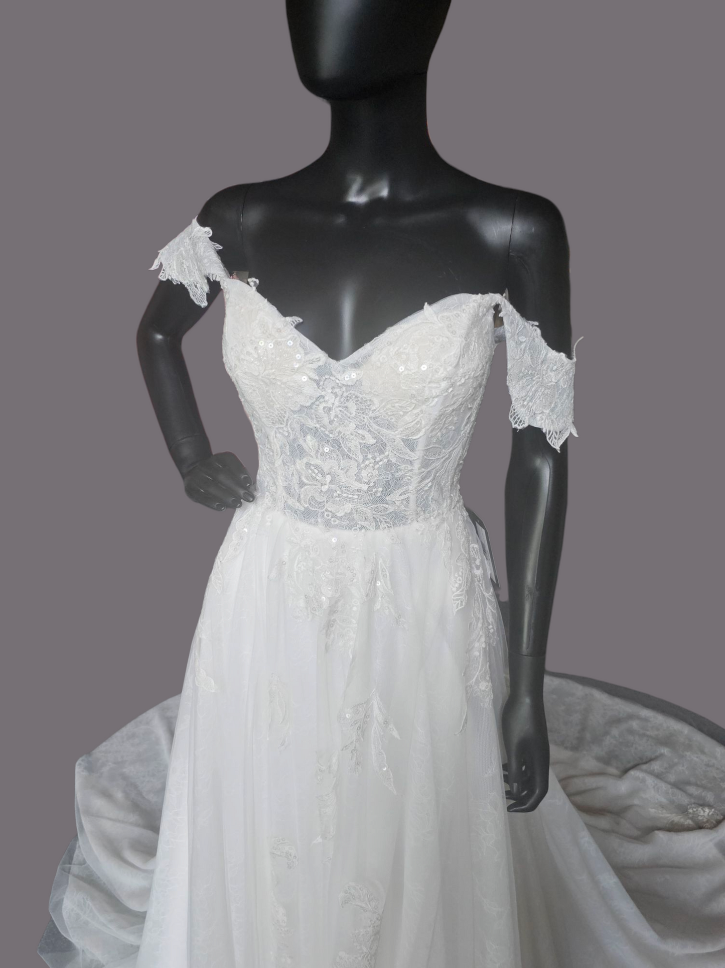Ivory Lace Embroidered A-Line Shrug Sleeve Wedding Gown - Da Vinci