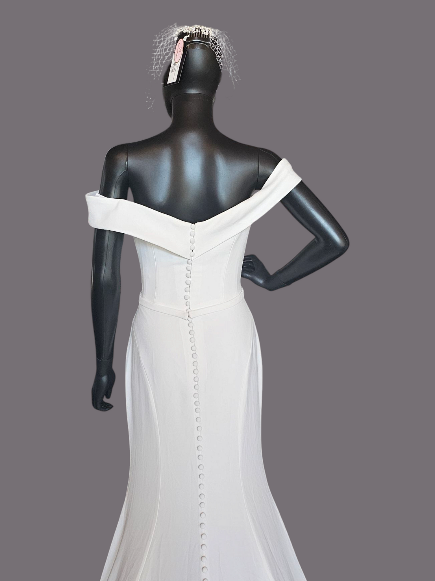 Ivory Off Shoulder Fitted Crepe Wedding Gown