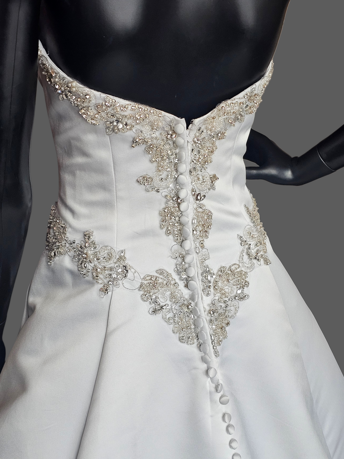 White Satin Basque Waist Strapless Sweetheart Wedding Gown - Mori Lee