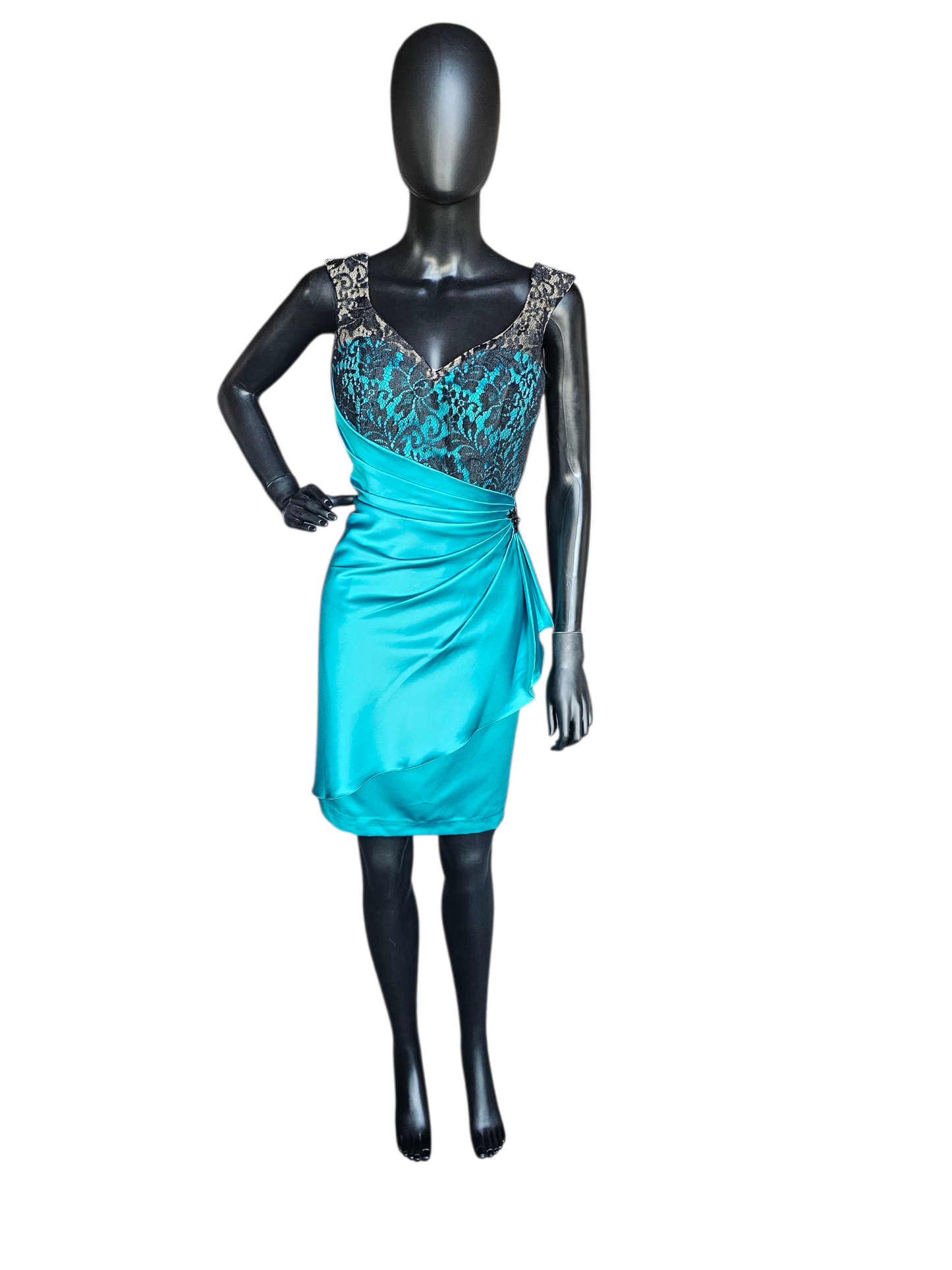 Teal Satin/Black Lace Cocktail/Party Dress - Da Vinci