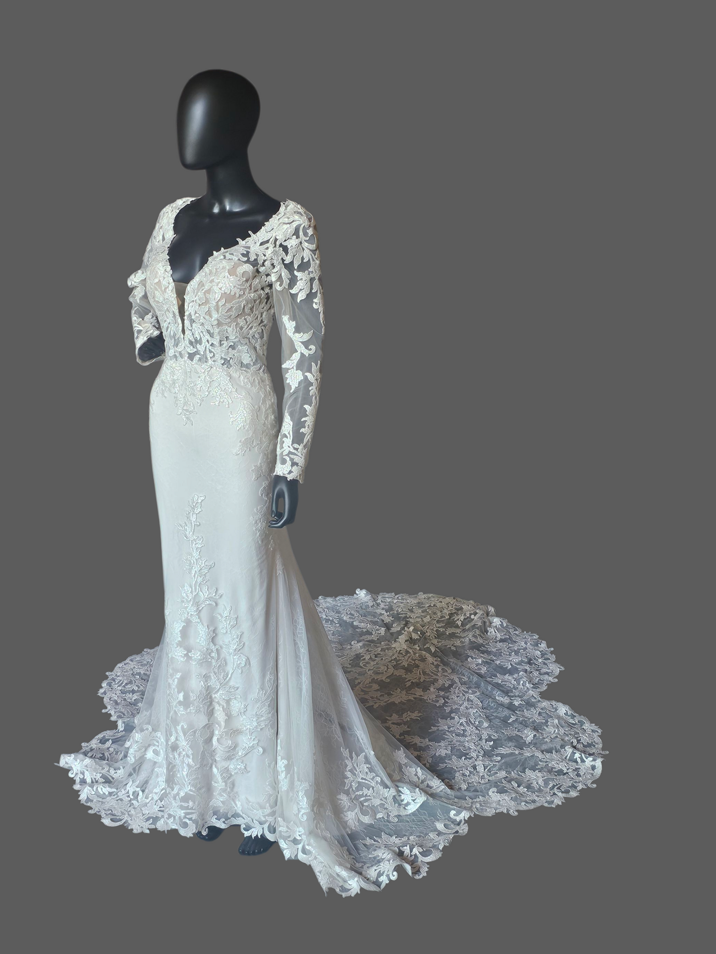 Ivory Lace Overlay Long Sleeve Plunge Fit/Flare Scallop Train Wedding Gown - Mori Lee