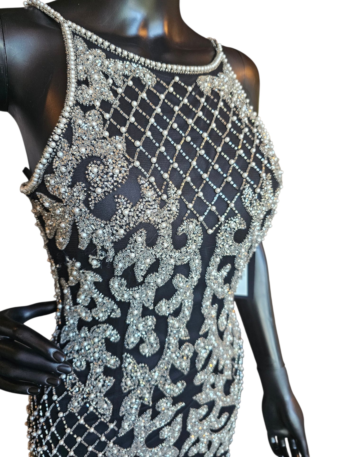 Black/Silver/Pearl Halter Fitted Beaded Spaghetti Straps Formal/Prom/Gala Dress - Abby Paris