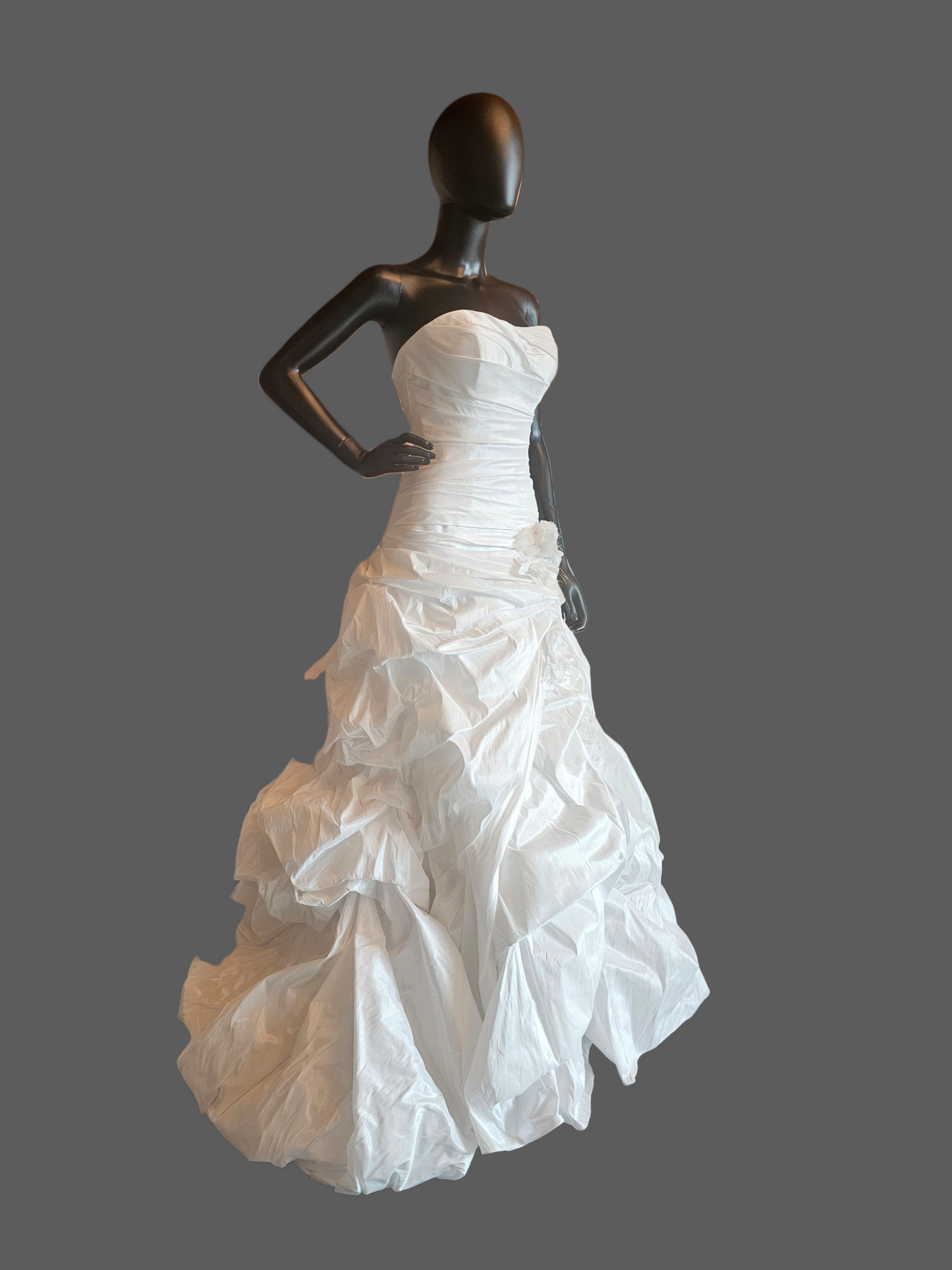 White Shimmering Taffeta Dropped Waist Ruched Undertuck Cupcake Wedding Gown - Casablanca