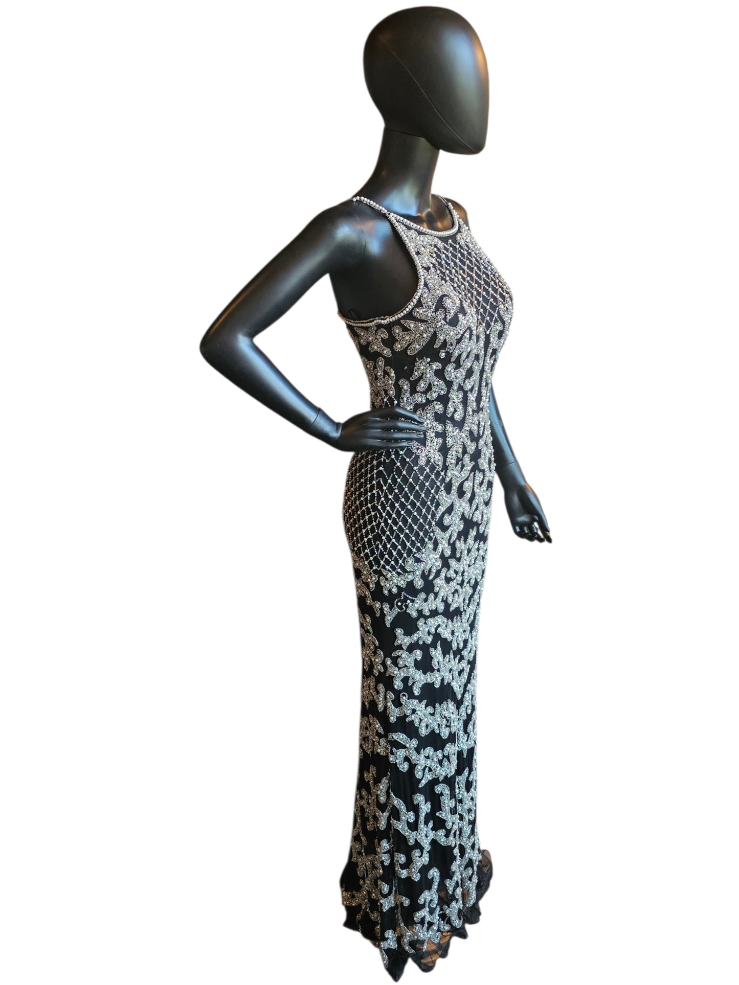 Black/Silver/Pearl Halter Fitted Beaded Spaghetti Straps Formal/Prom/Gala Dress - Abby Paris