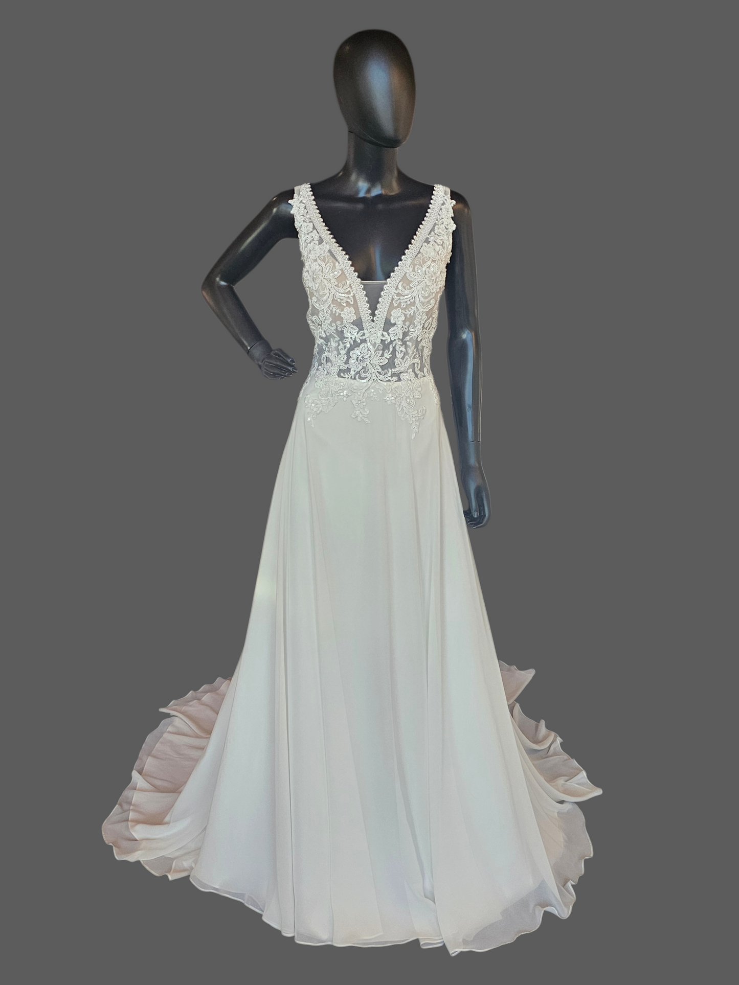 Ivory V-Neck Beaded Plunge Chiffon Skirt A-Line Wedding Gown - Beloved Private Label