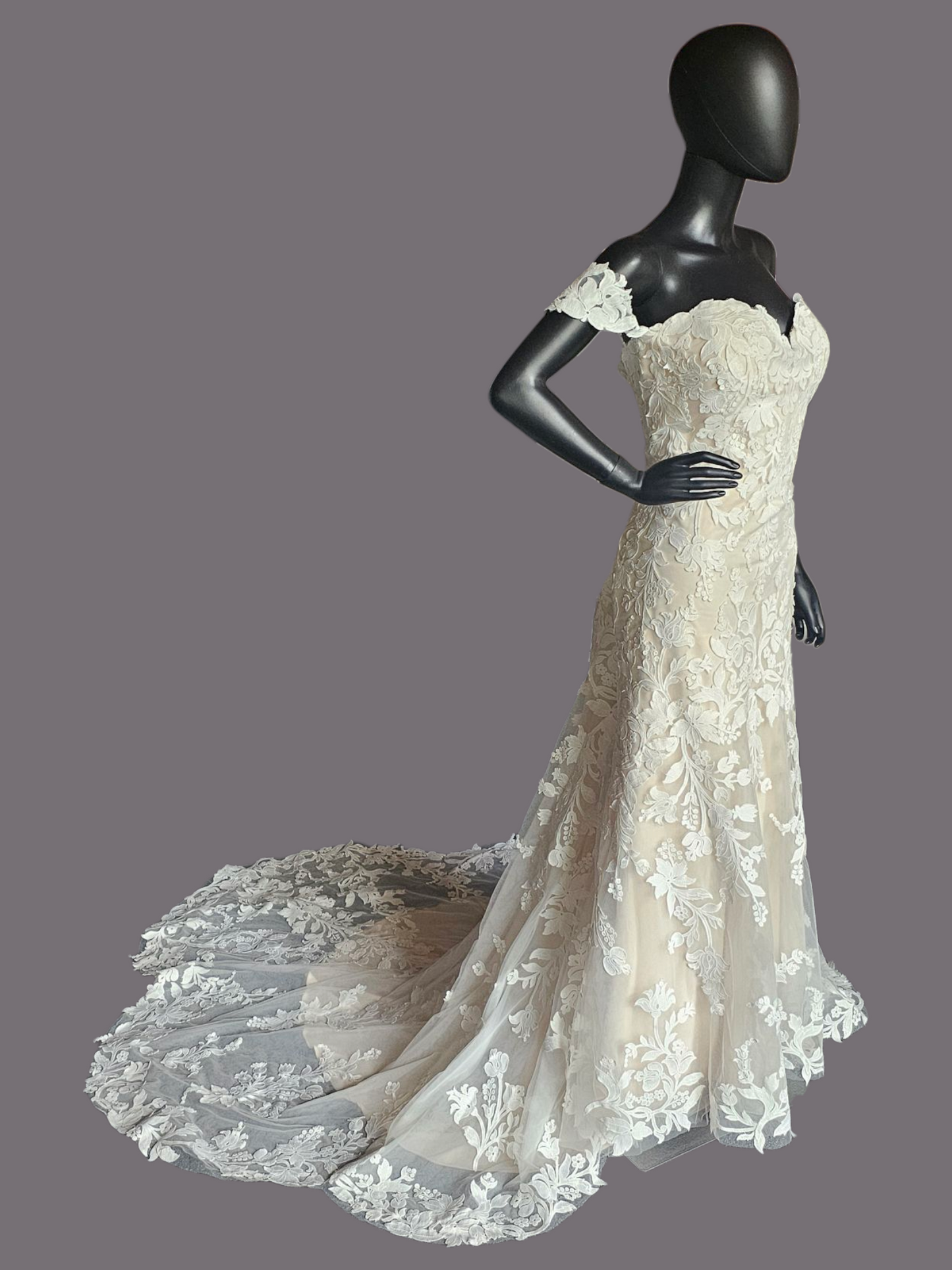 Ivory/Champ Floral Lace Off Shoulder Wedding Gown - Madeline Gardner