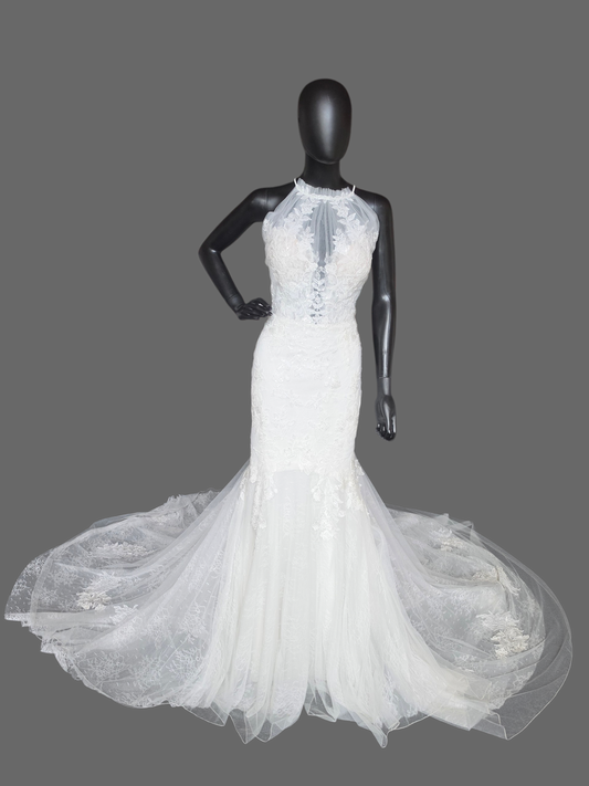Lace Halter Fit/Flare Open Back Wedding Gown - Lillian West