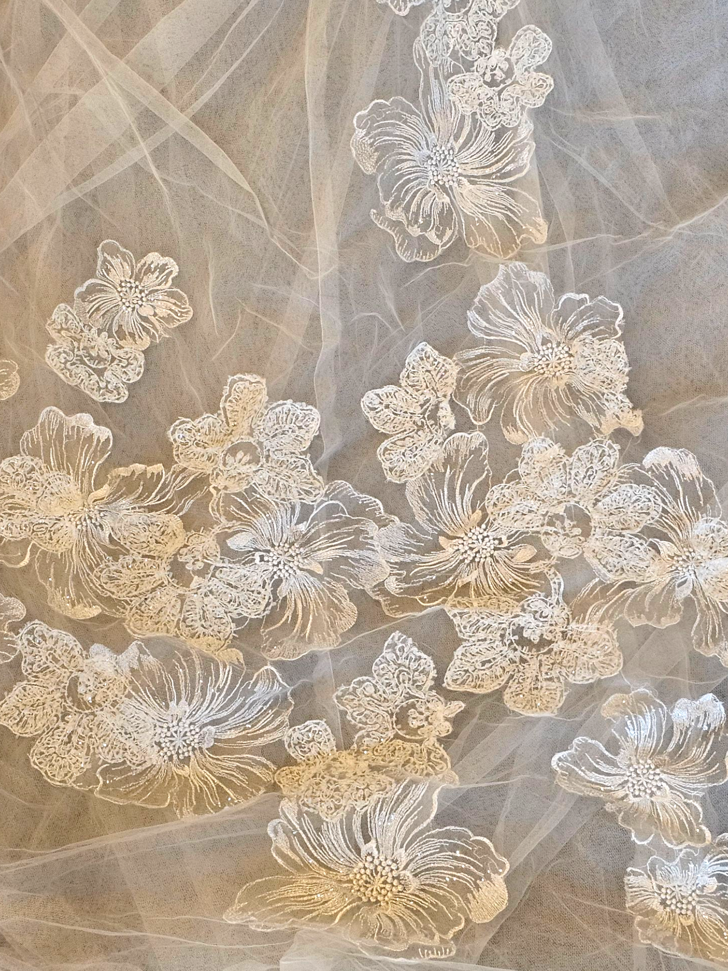 Ivory V-Neck Full Skirt Large Scale Floral Embellished Wedding Gown - Adrianna Papell