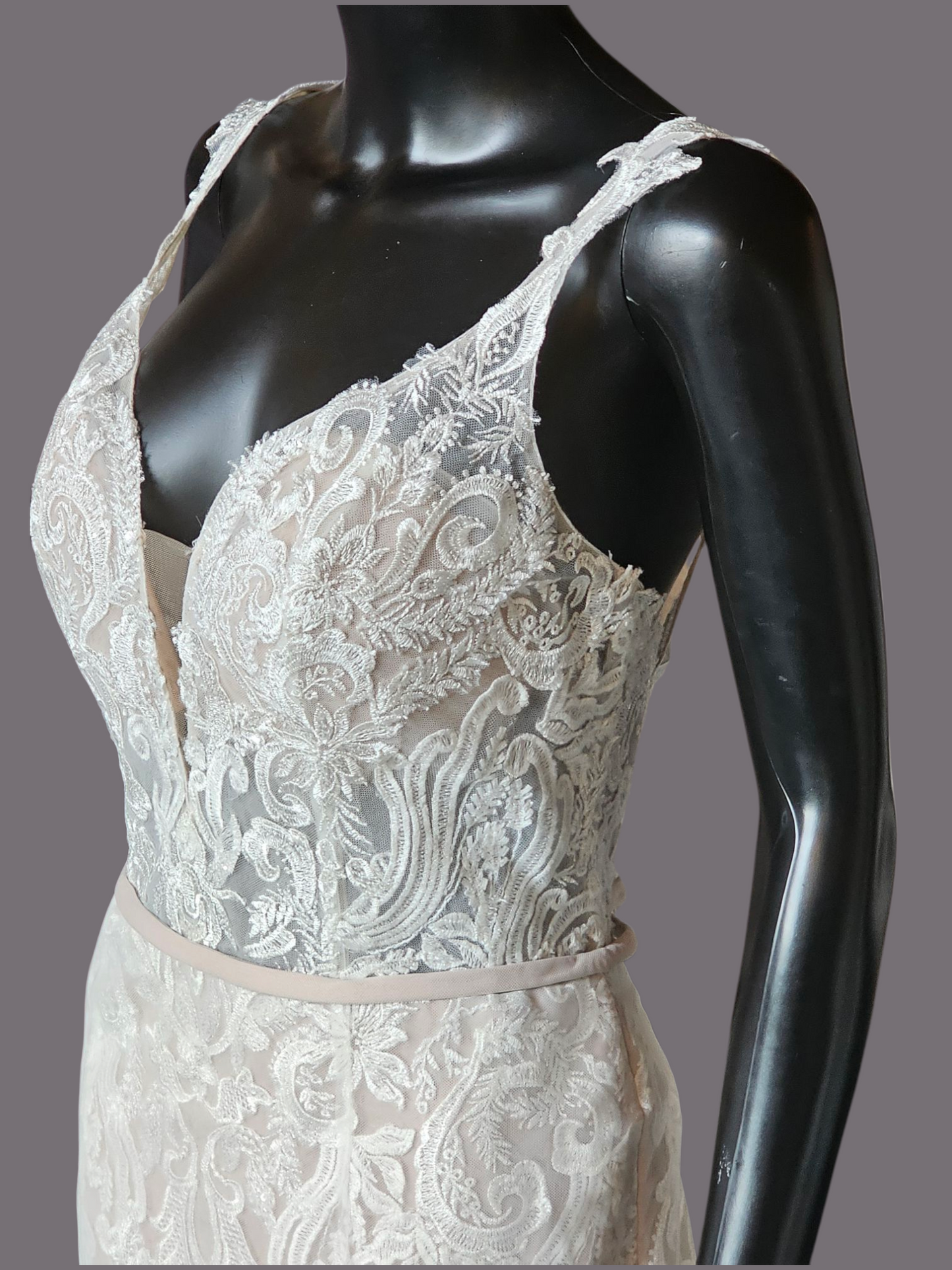 Ivory/Cappuccino Lace Applique Fit and Flare - Mori Lee