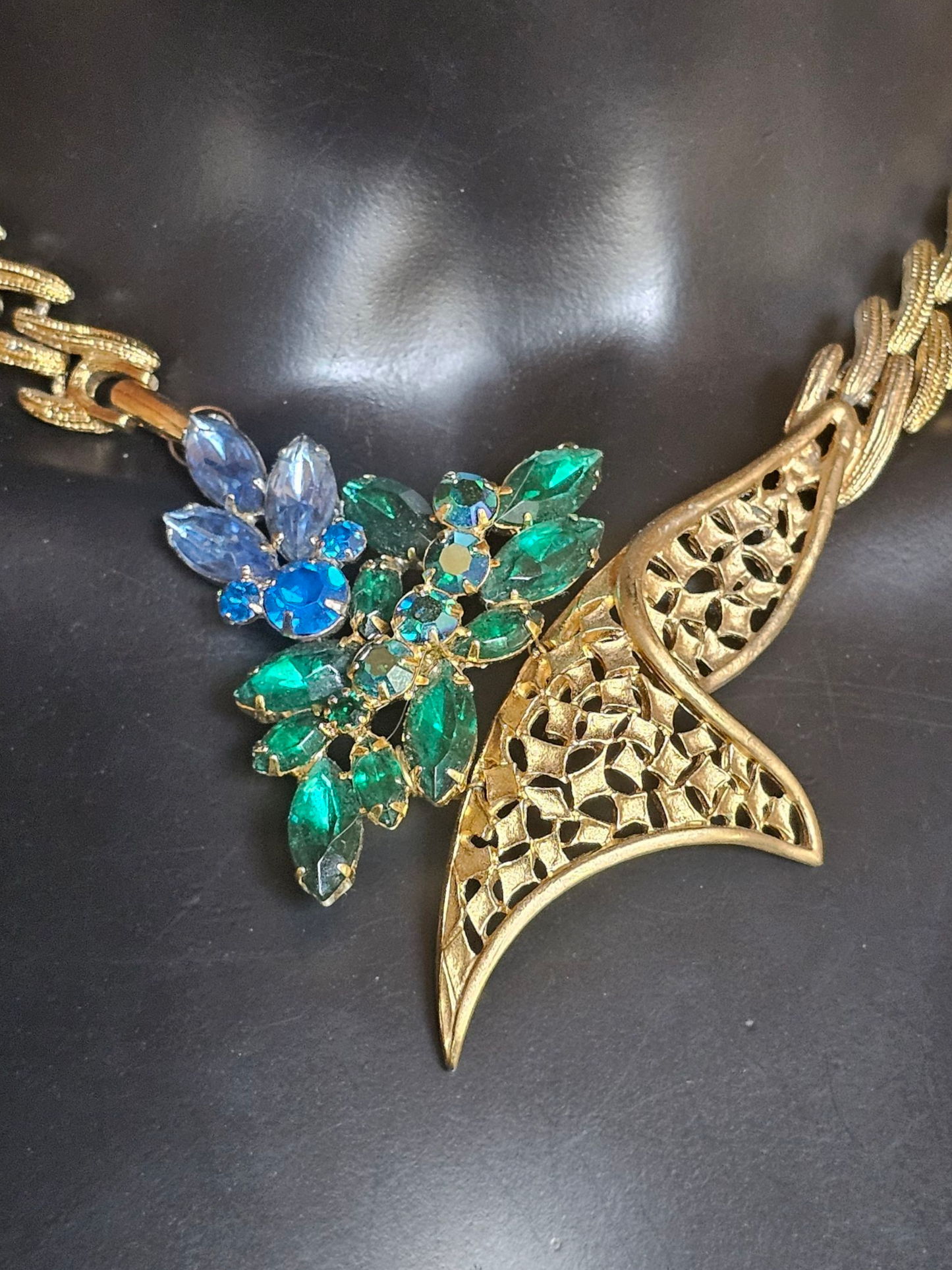 Vintage Bespoke/Remade Gold/Blue/Green Crystal Collar Necklace