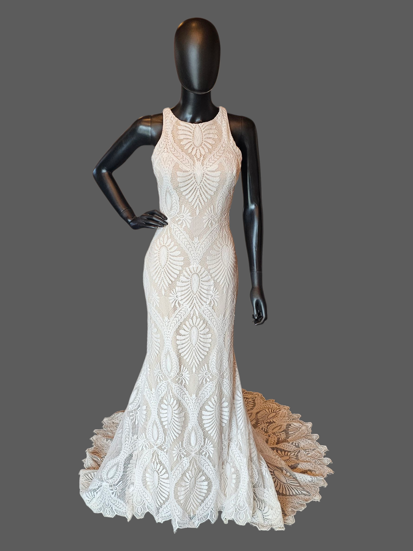 Boho Open Weave Lace Racer Halter Open Back Fitted Wedding Gown  - Wilderly Bride