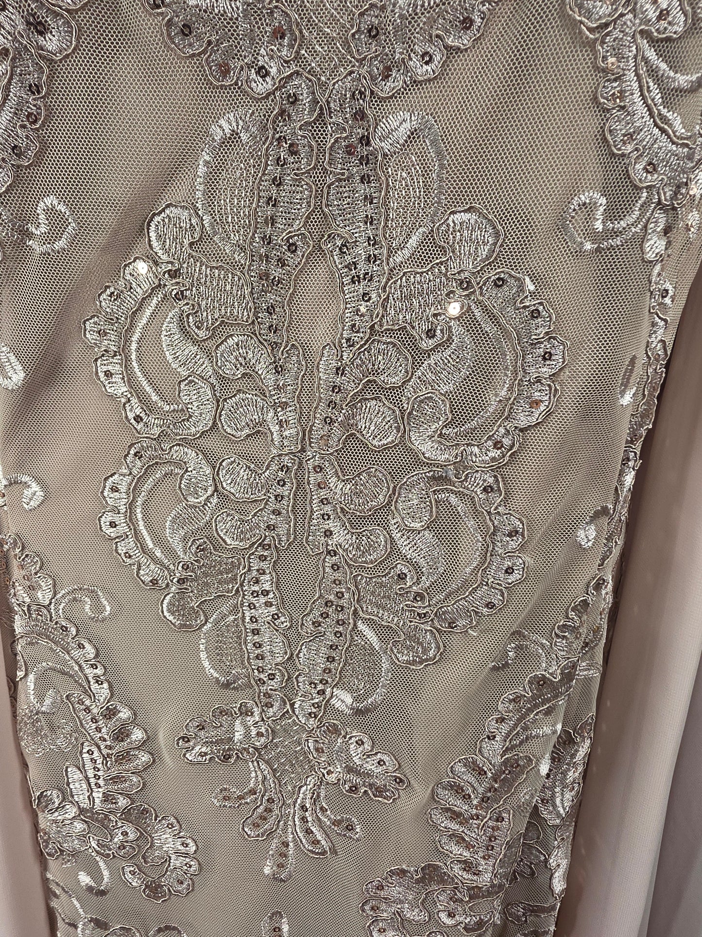 Champagne Knee Length Floral Sequin Design On Lace W/Chiffon Jacket Formal/Moms/Religious Occasion - R&M Richards