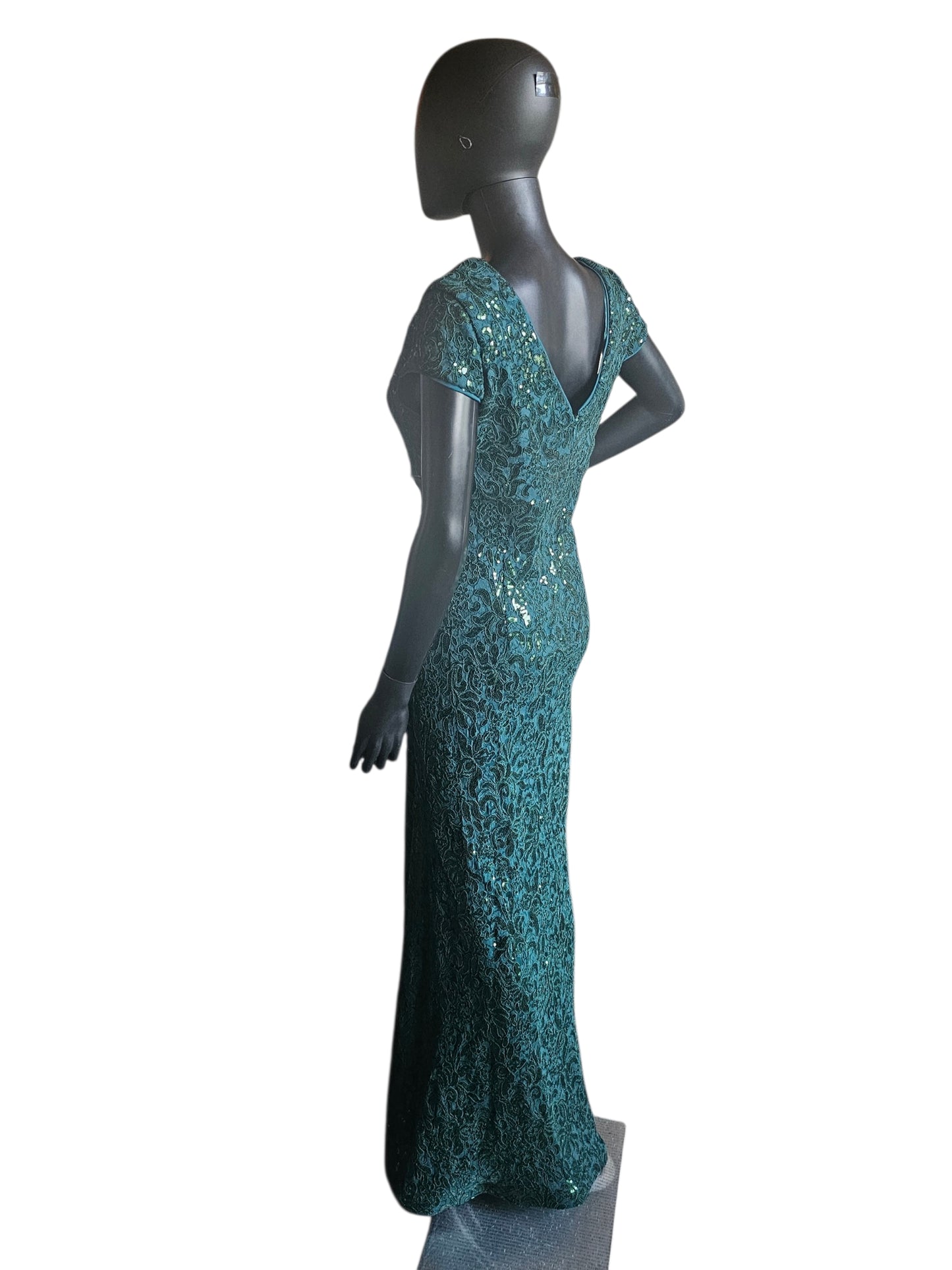 Hunter Green Floral Sequin Detail Cap Sleeve Full Length Formal Dress - R & M Richards