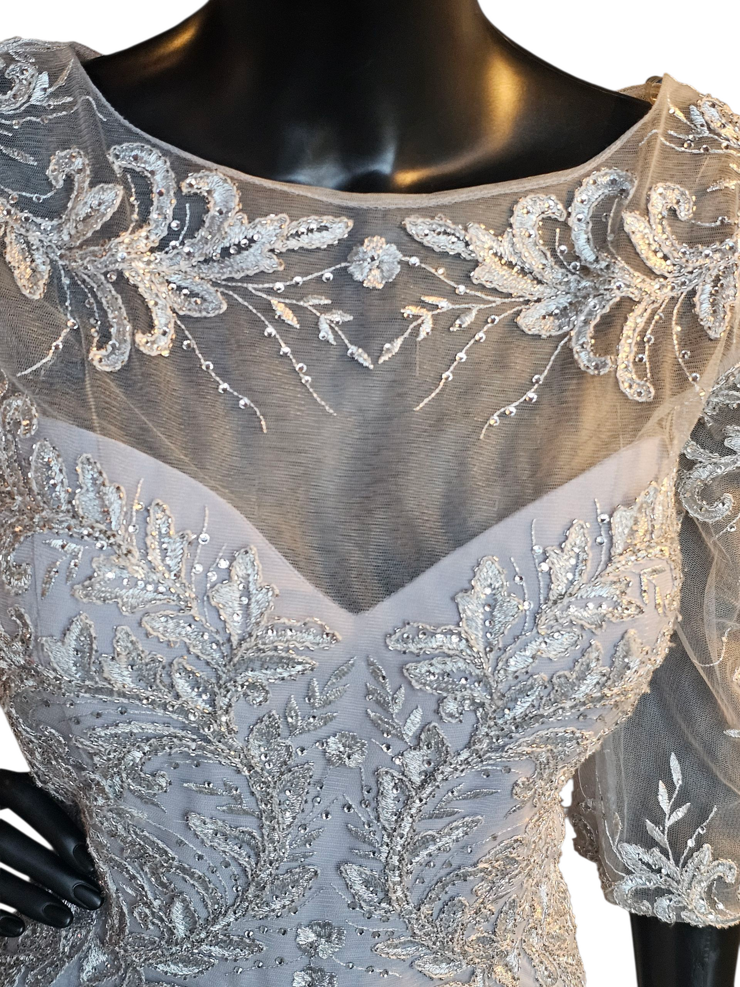 Silver Long Sleeve Illusion Bodice Maxi Formal Evening Gown - Madaline Gardner NY