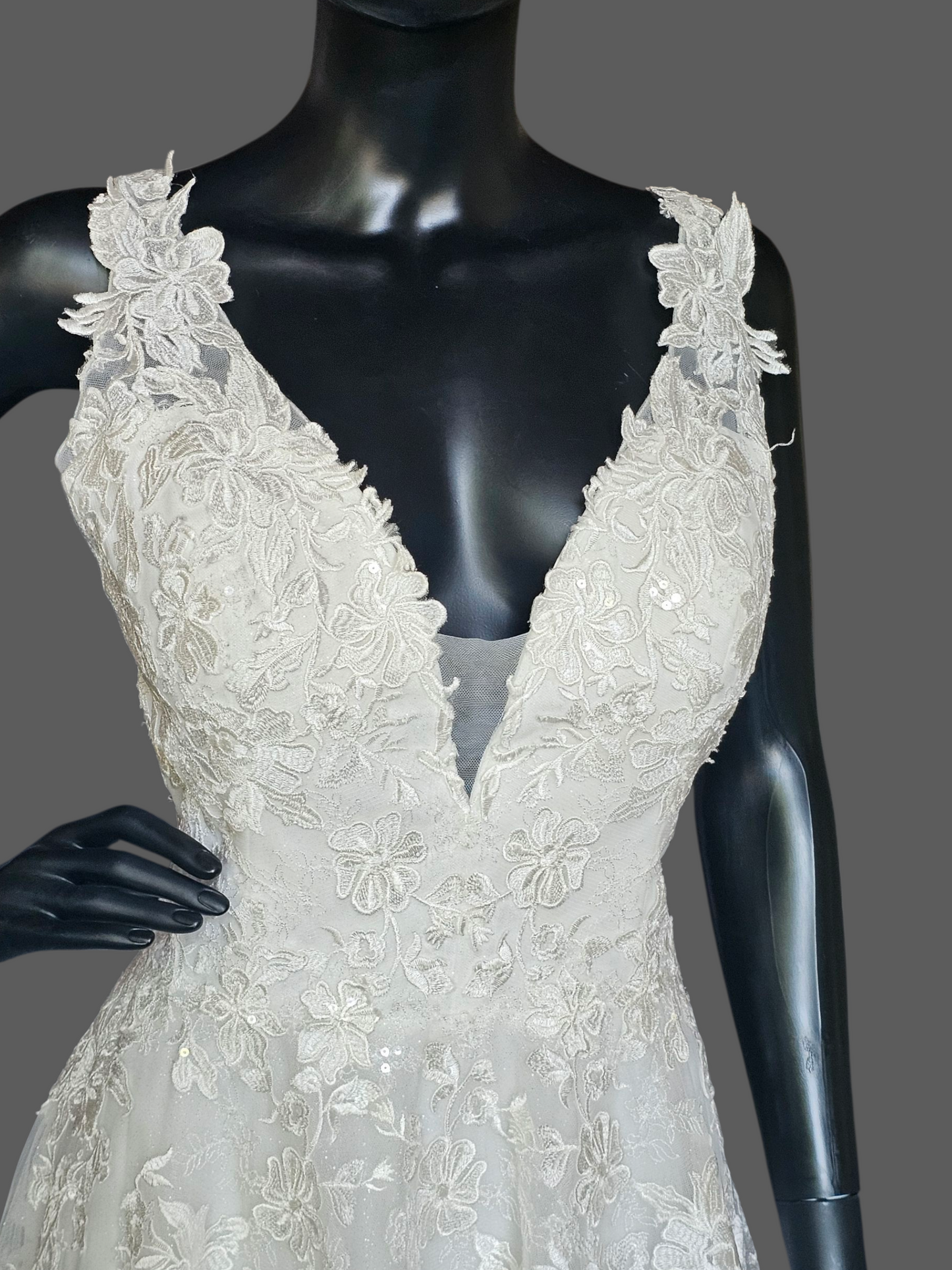 V-Neck Lace Applique Illusion Bodice A Line Wedding Gown - Petite