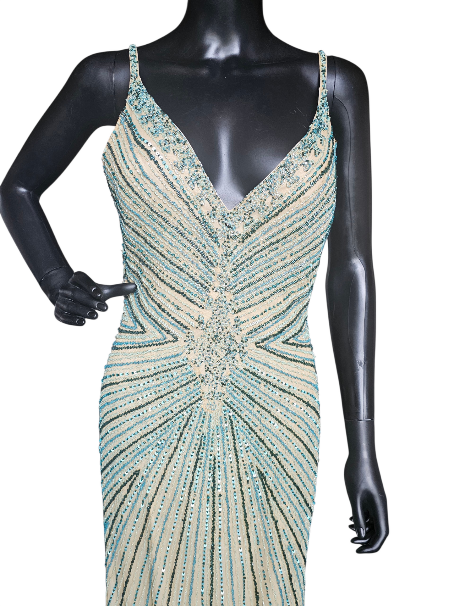 Nude/Green Large Scale Beaded Design V-Neck Fit/Flare Open Back Mom/ Formal/prom Dress - Primavera